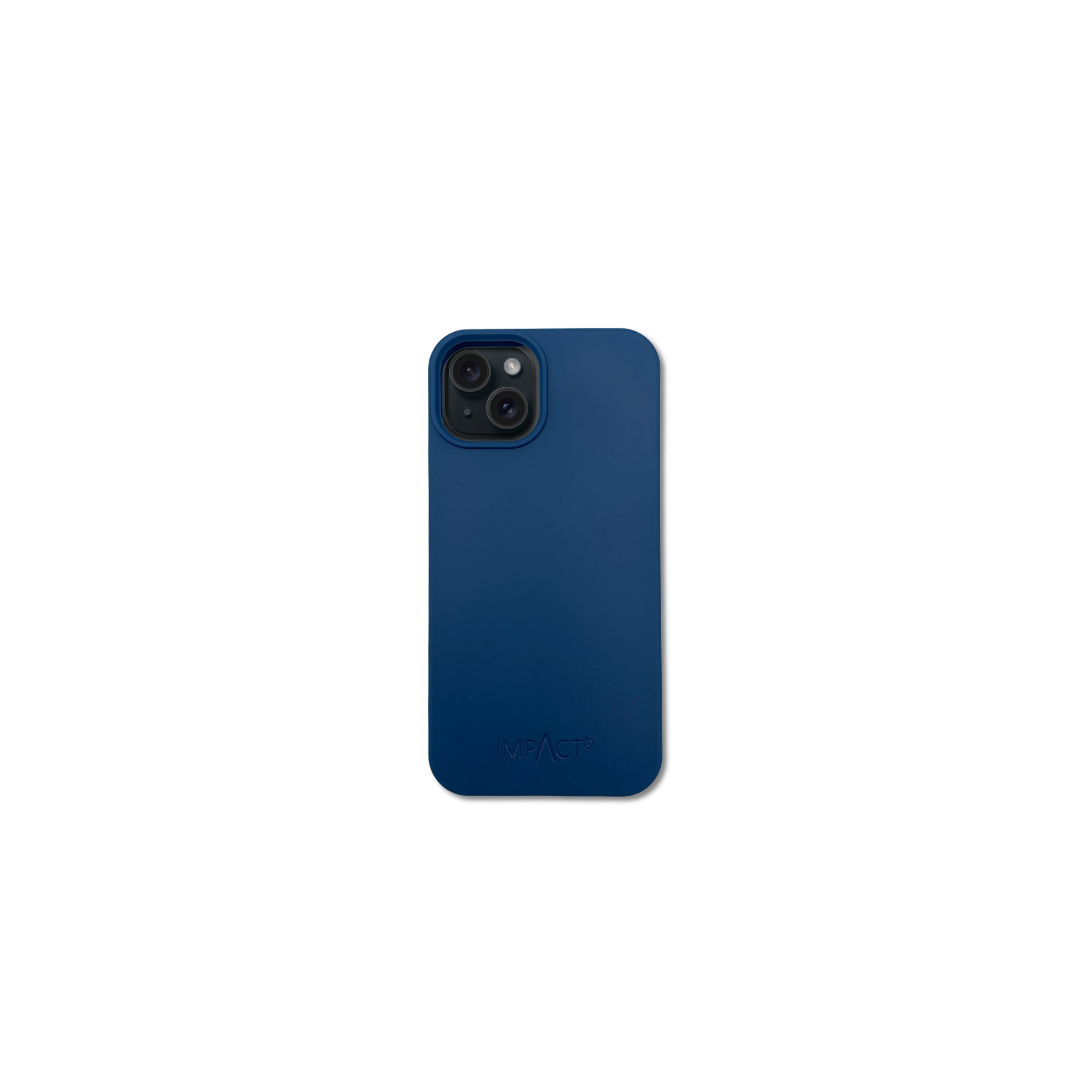 Eine marineblaue Handyhülle mit drei Kameralinsen. Die Marke IMPACT ist unten auf weißem Grund aufgedruckt.