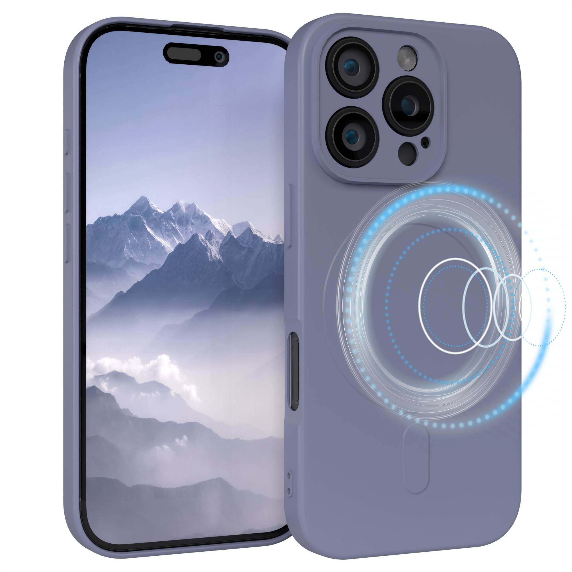 Ein Smartphone mit Bergbildschirm ist in einer lila Handyhülle eingeschlossen. Die Hülle hat mehrere Kameralinsen.