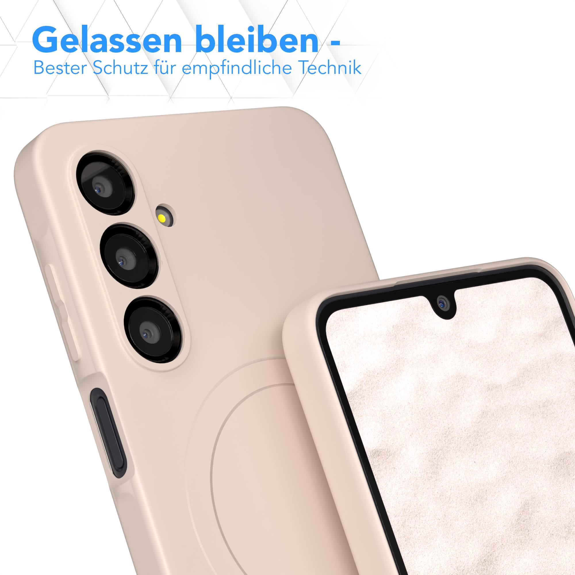 Ein Telefon in einer hellrosa Hülle wird gezeigt. Das Telefon hat mehrere Kameras. Der Bildschirm ist cremefarben.