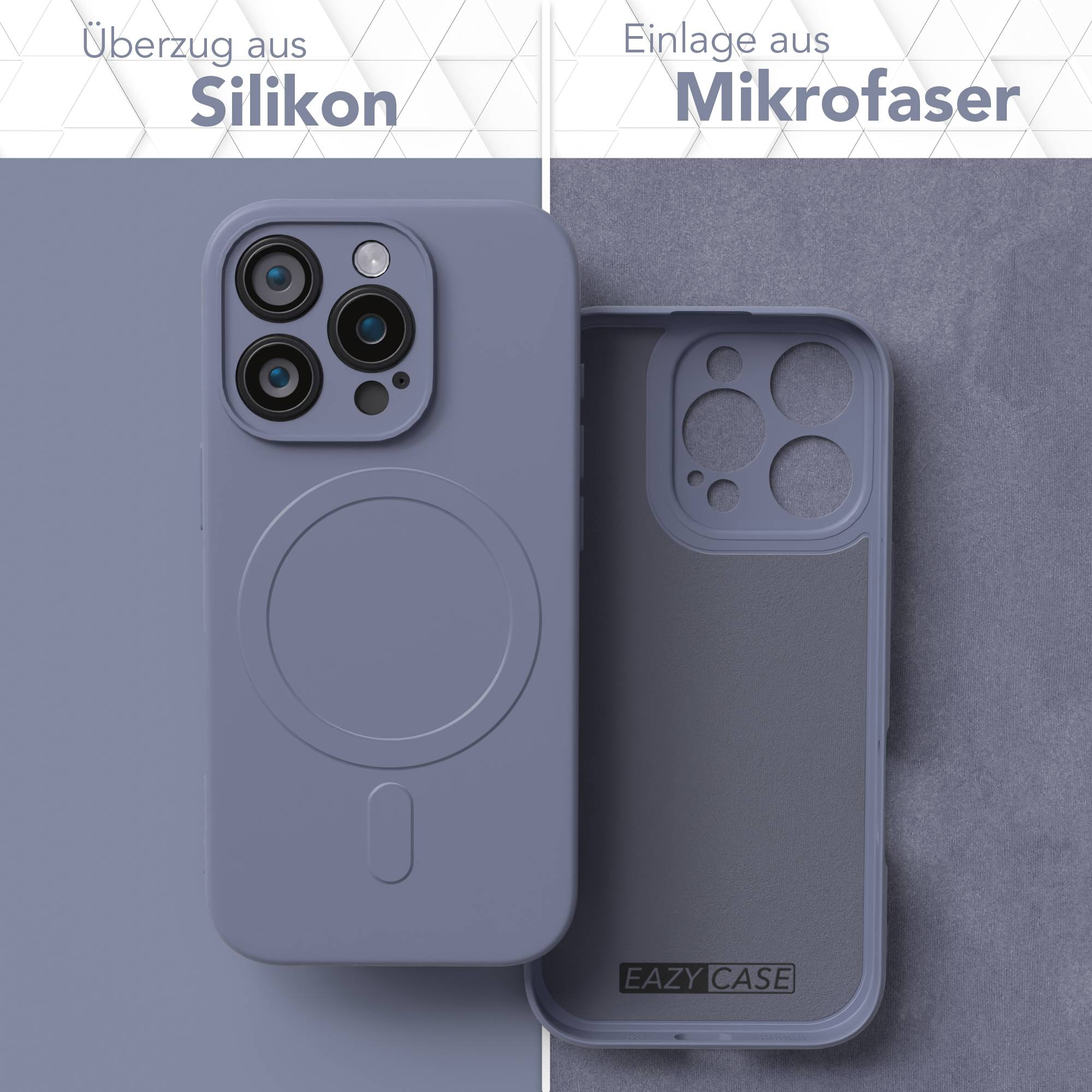 Eine Handyhülle in zwei Teilen. Eine Seite ist periwinkle, die andere grau. Text oben: Silikon und Mikrofaser.