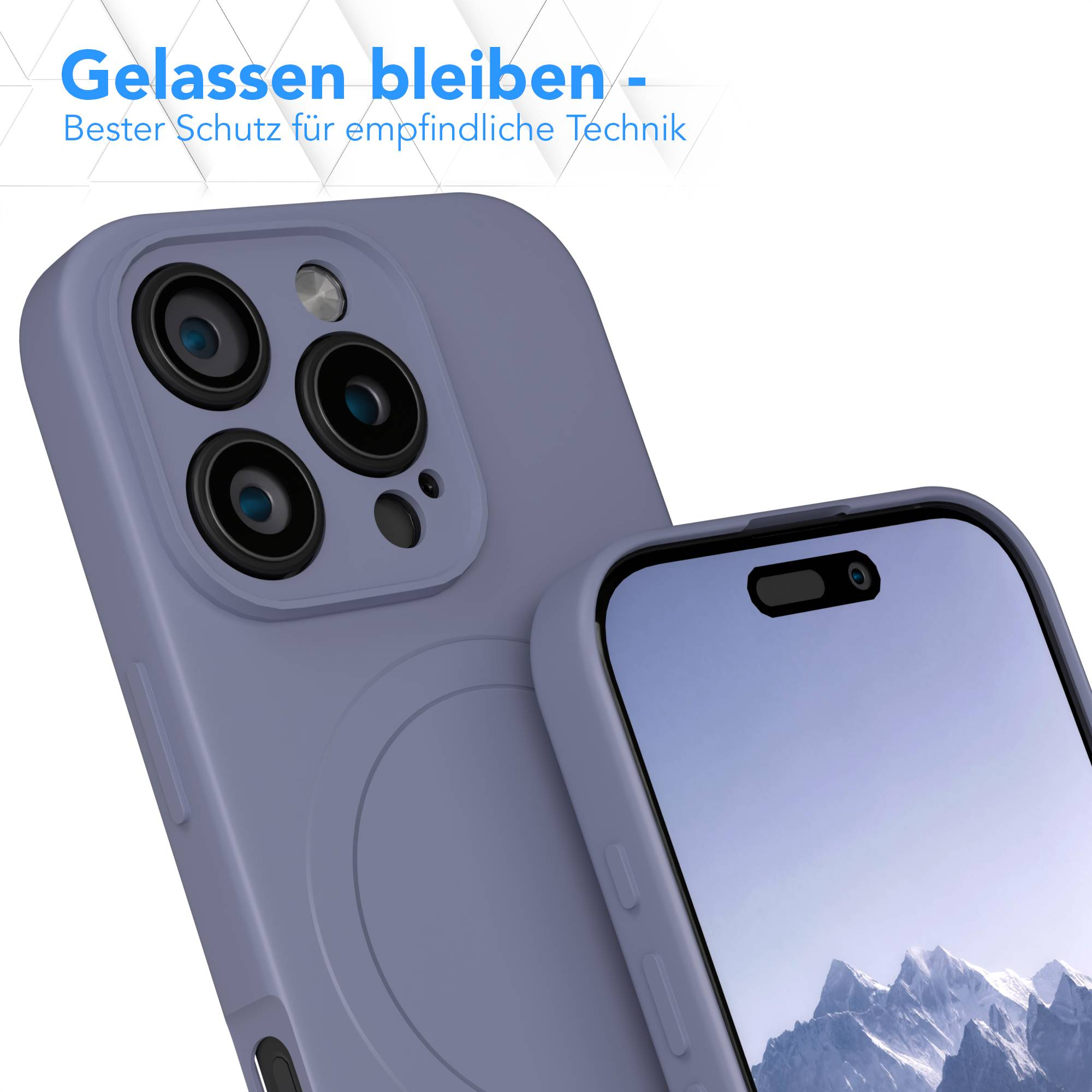 Nahaufnahme eines Telefons mit Schutzhülle. Der Bildschirm zeigt eine Berglandschaft. Text oben: 'Gelassen bleiben'.