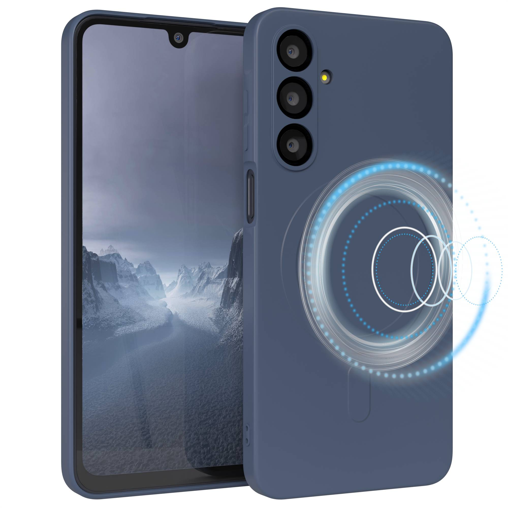 Blaues Telefon in einer Hülle mit Berglandschaft auf dem Bildschirm. Auf der Rückseite leuchten blaue Kreise.