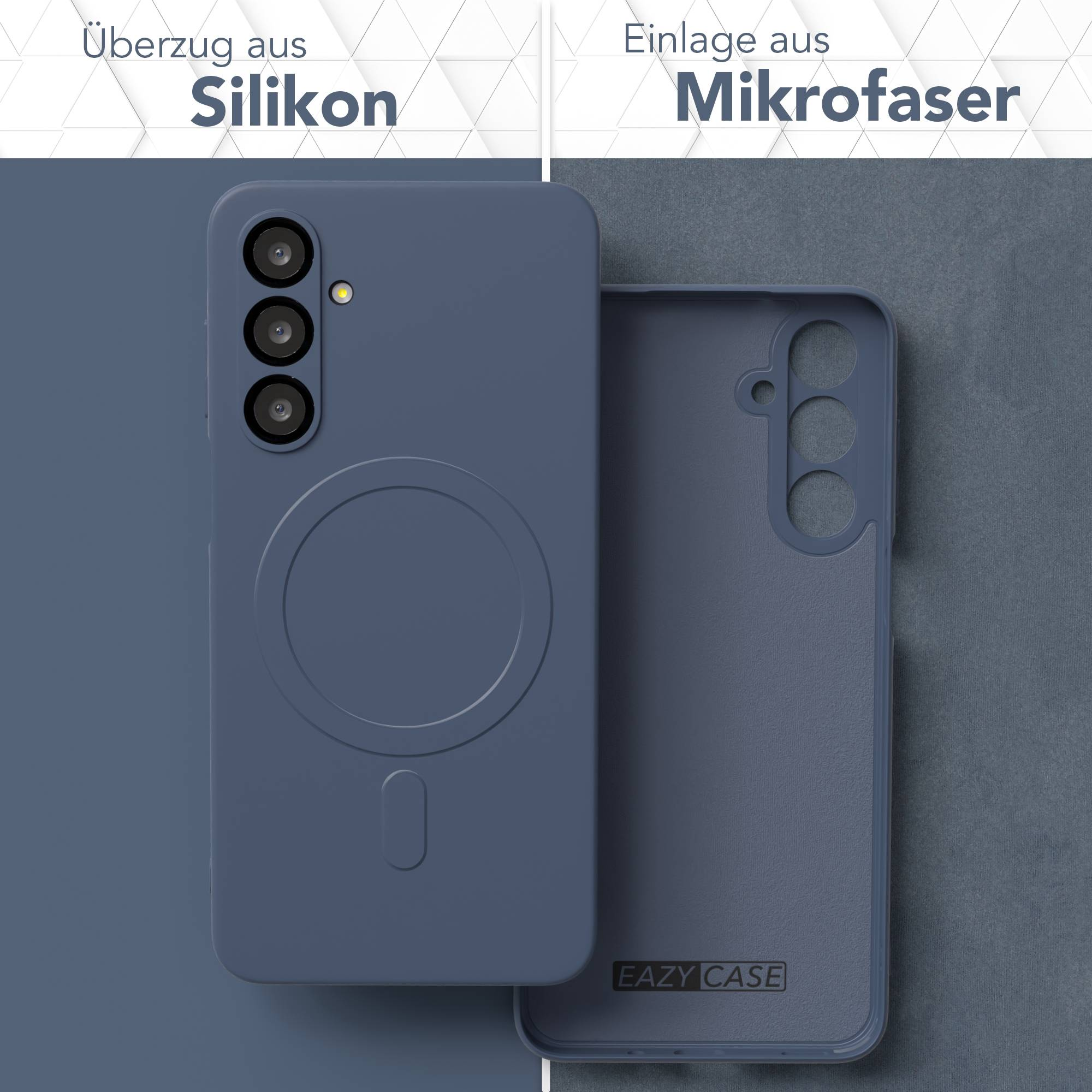 Blaue Handyhülle mit Silikonaußenseite und Mikrofaser-Innenseite. Die Hülle ist offen und zeigt die Innenseite. Die Marke ist Eazy Case.