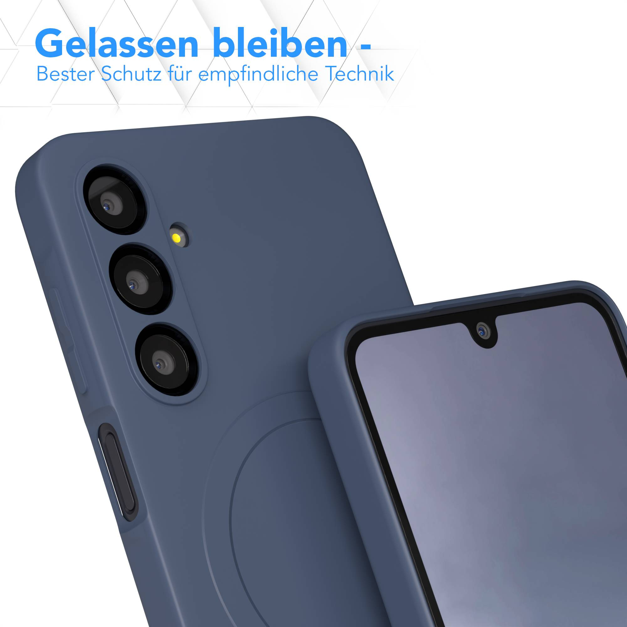 Blaue Handyhülle und Displayschutz. Die Hülle hat eine Kameraanordnung und ein rundes Design. Daneben ein Telefonbildschirm.