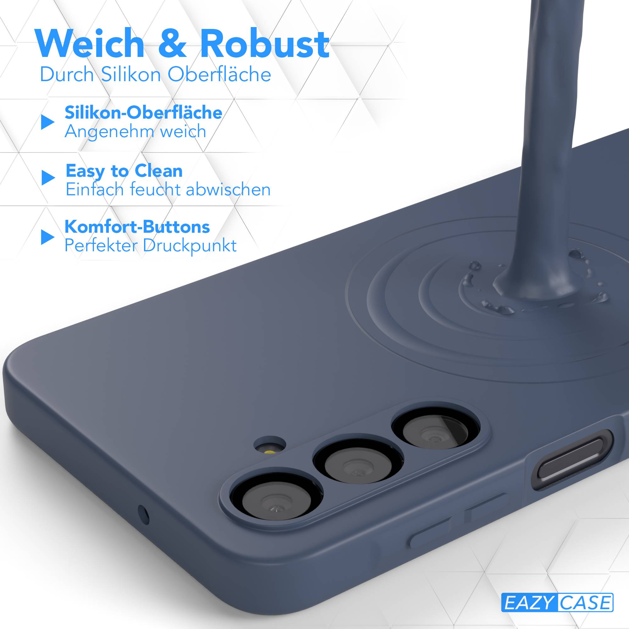 Eine blaue Handyhülle mit einer Flüssigkeit, die darüber gegossen wird. Text enthält 'Weich & Robust' und das 'EAZY CASE' Logo.