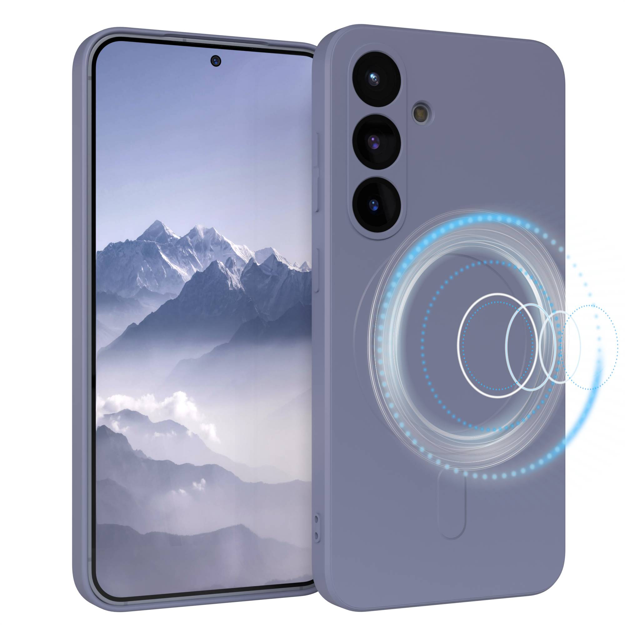 Ein Smartphone in einer lila Hülle zeigt eine Berglandschaft. Die Hülle hat eine magnetische Ladeanzeige.