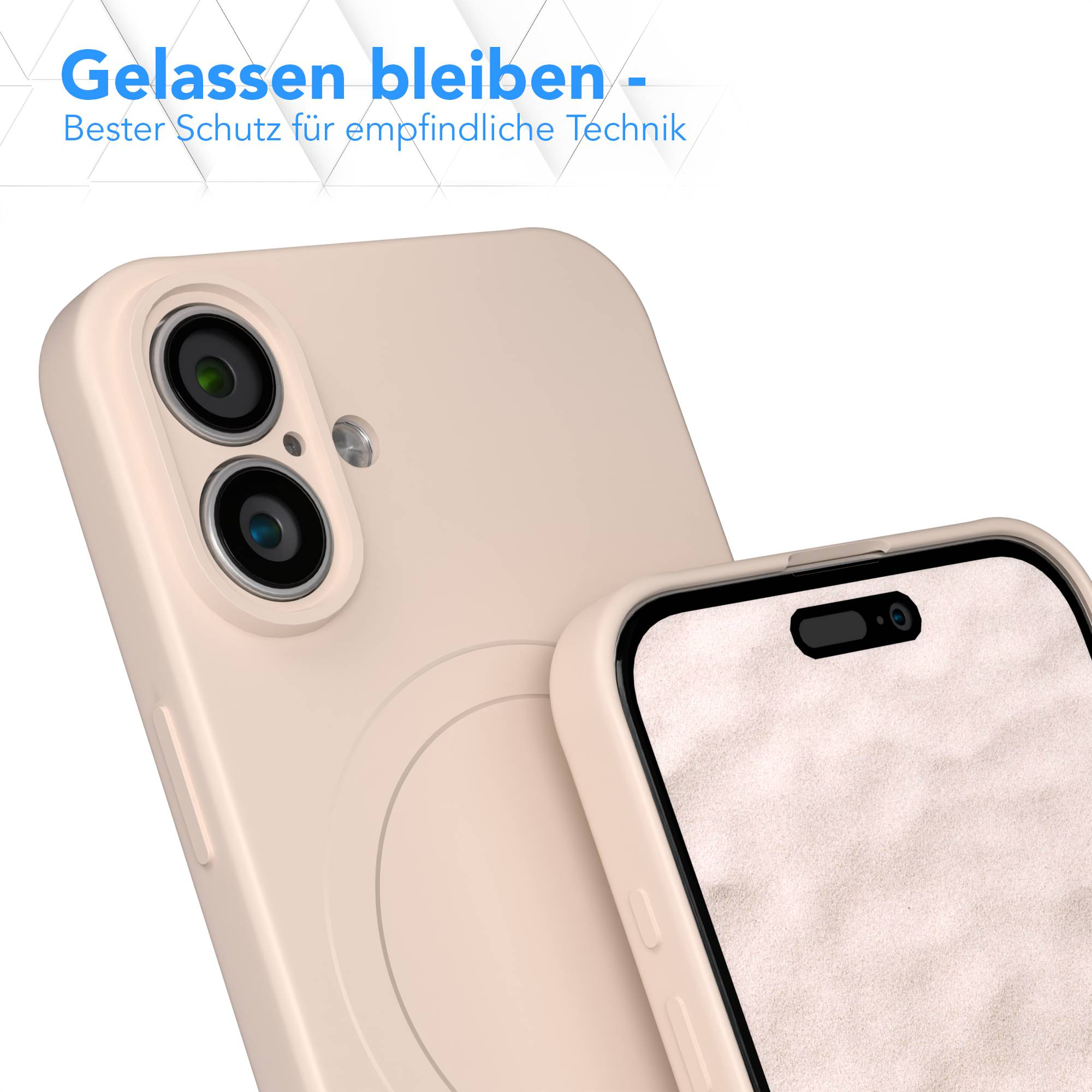 Nahaufnahme von zwei Smartphones in Hüllen. Eins mit Kameralinsen, das andere mit Bildschirm. Beide sind hellbraun.