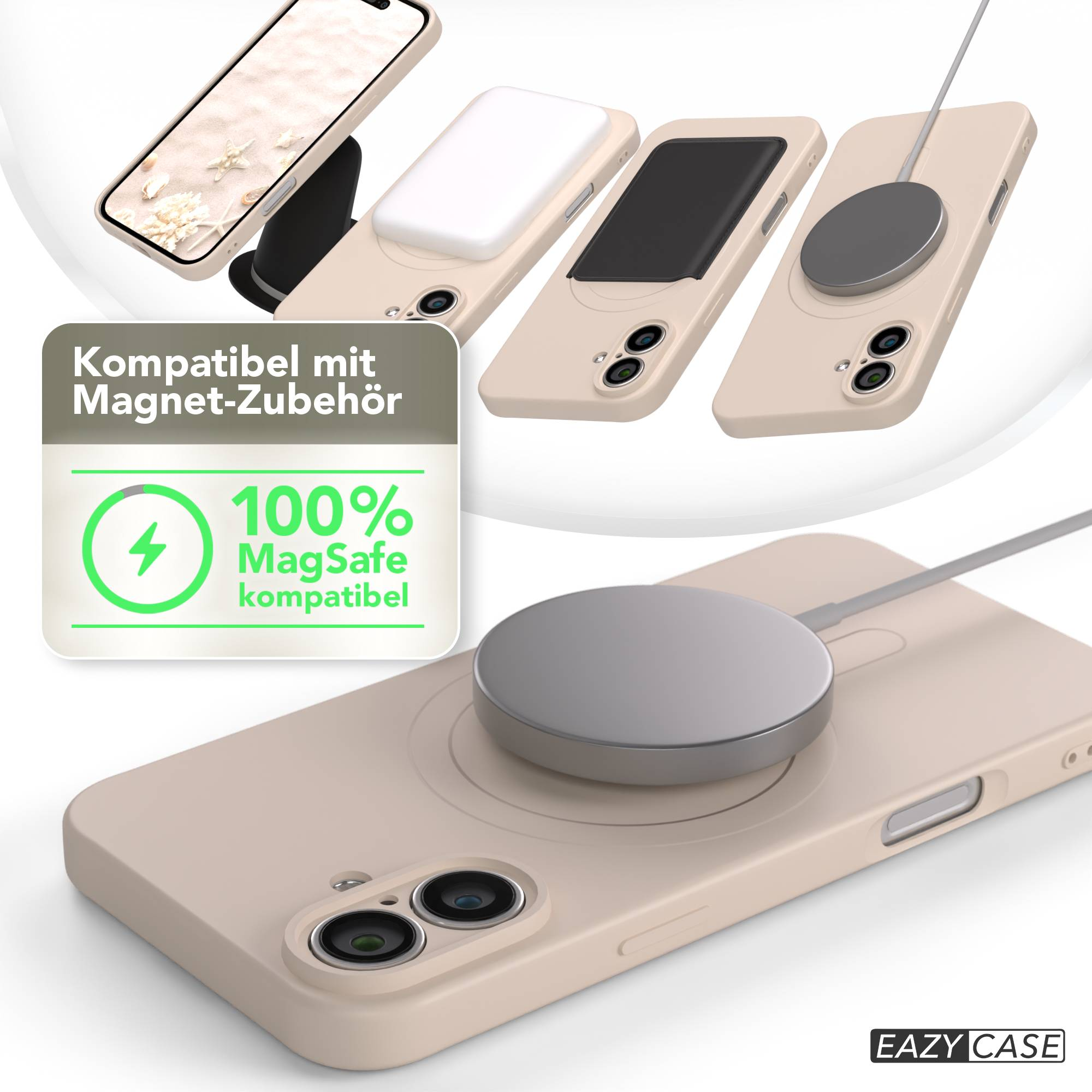 Produktaufnahme von Handyhüllen mit MagSafe-Zubehör. Die Hüllen sind beige, mit einem angebrachten Ladegerät. Logo und Text sind sichtbar.