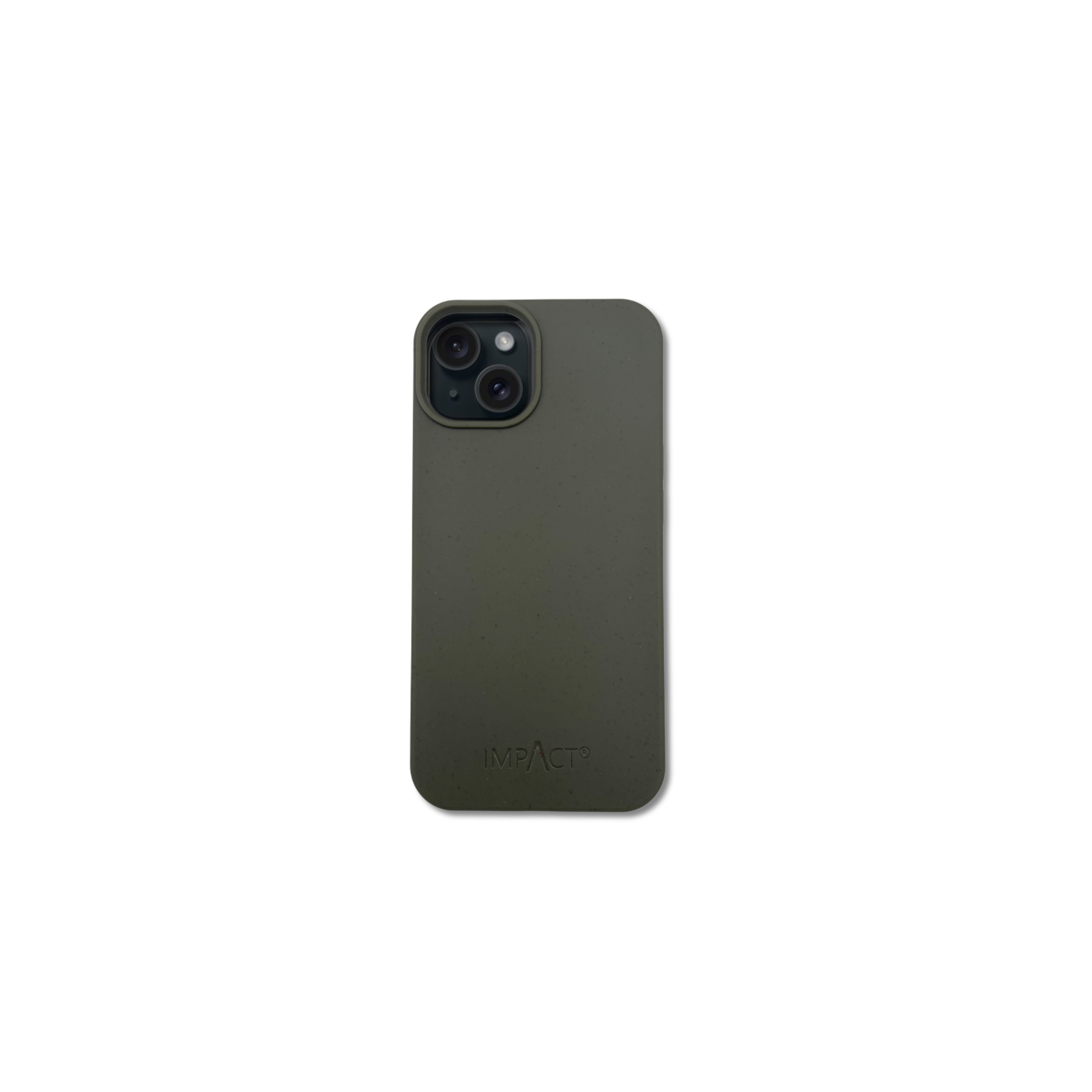 Una custodia per telefono verde oliva con fori per la fotocamera. Il marchio 'IMPACT' è in basso. Lo sfondo è bianco.