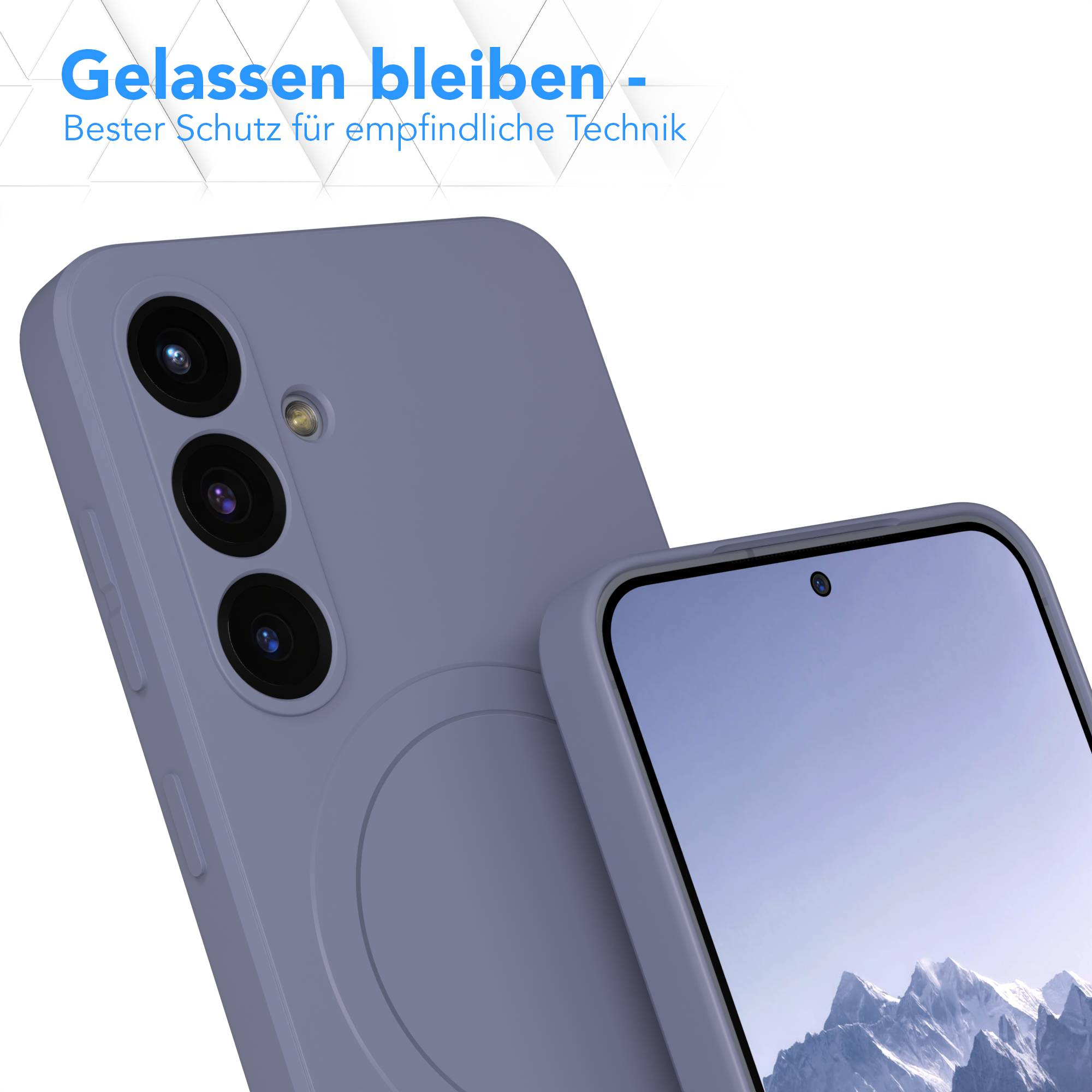 Nahaufnahme eines Telefons in einer lilafarbenen Hülle. Der Bildschirm zeigt ein Gebirge. Der Text lautet 'Gelassen bleiben'.