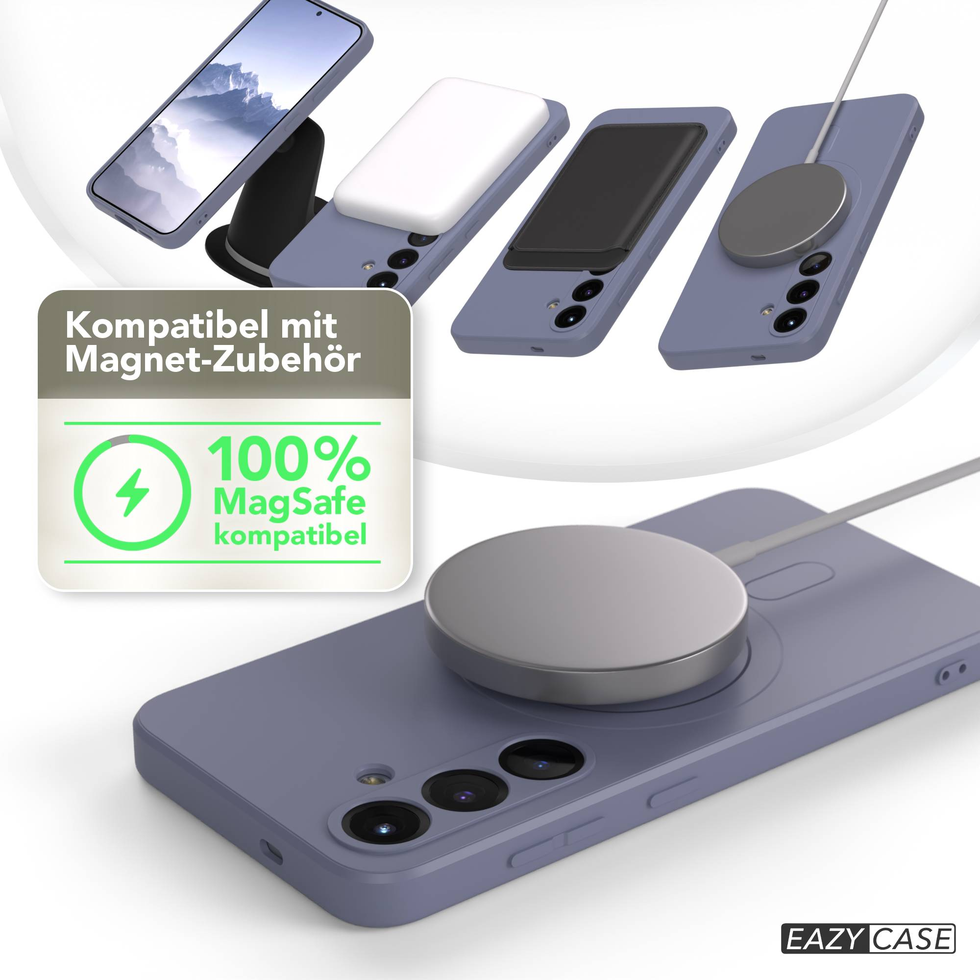 Das Bild zeigt Telefone mit Hüllen und Zubehör, einschließlich eines MagSafe-Ladegeräts. Text hebt die MagSafe-Kompatibilität hervor.