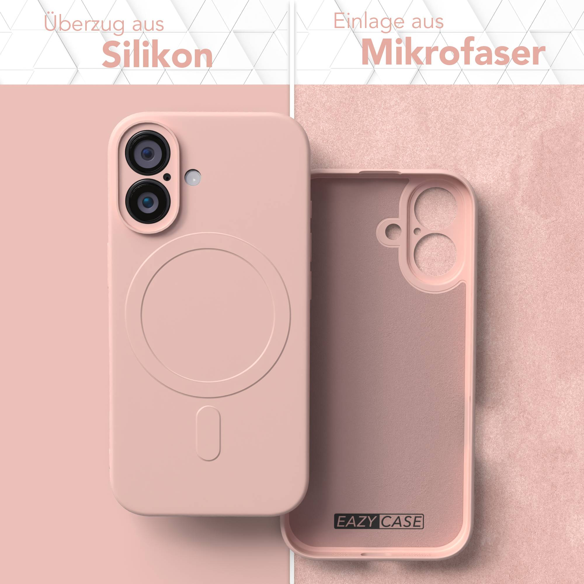 Rosa Handyhülle, geteilte Ansicht: Silikon außen und Mikrofaser innen. Gehäuse teilweise geöffnet, beide Seiten zeigend. EAZY CASE Logo sichtbar.