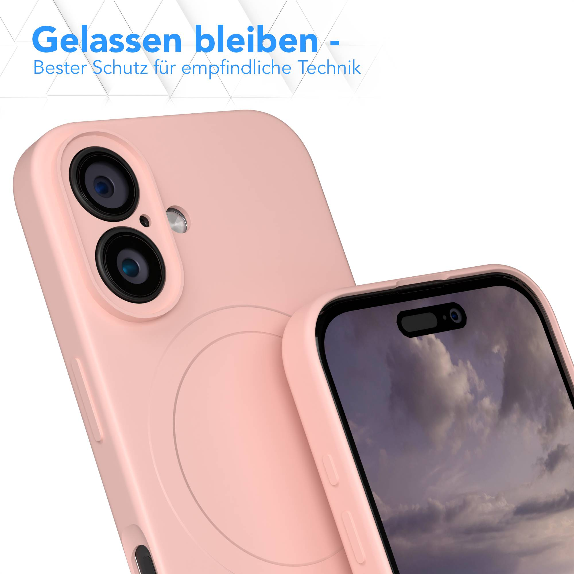 Rosa Handyhülle, die ein Handy schützt. Die Hülle hat einen Kameraausschnitt. Das andere Handy hat einen Displayschutz.