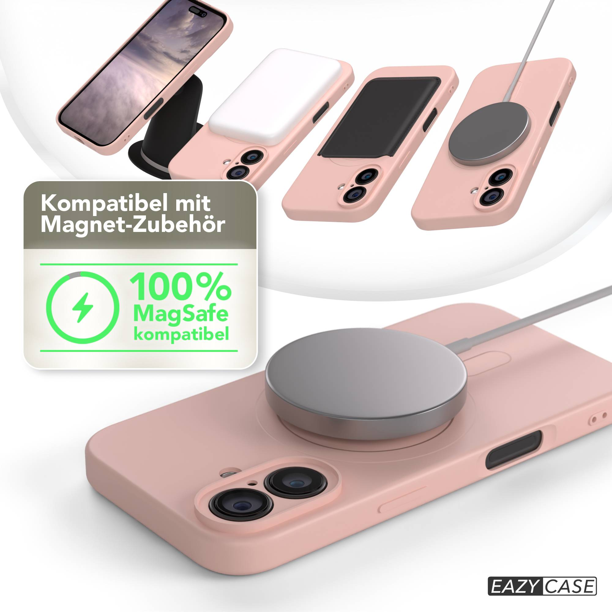 Rosa Handyhüllen mit MagSafe-Zubehör. Eine Hülle lädt, eine andere hat ein weißes Zubehör. Text: 100% MagSafe-kompatibel.