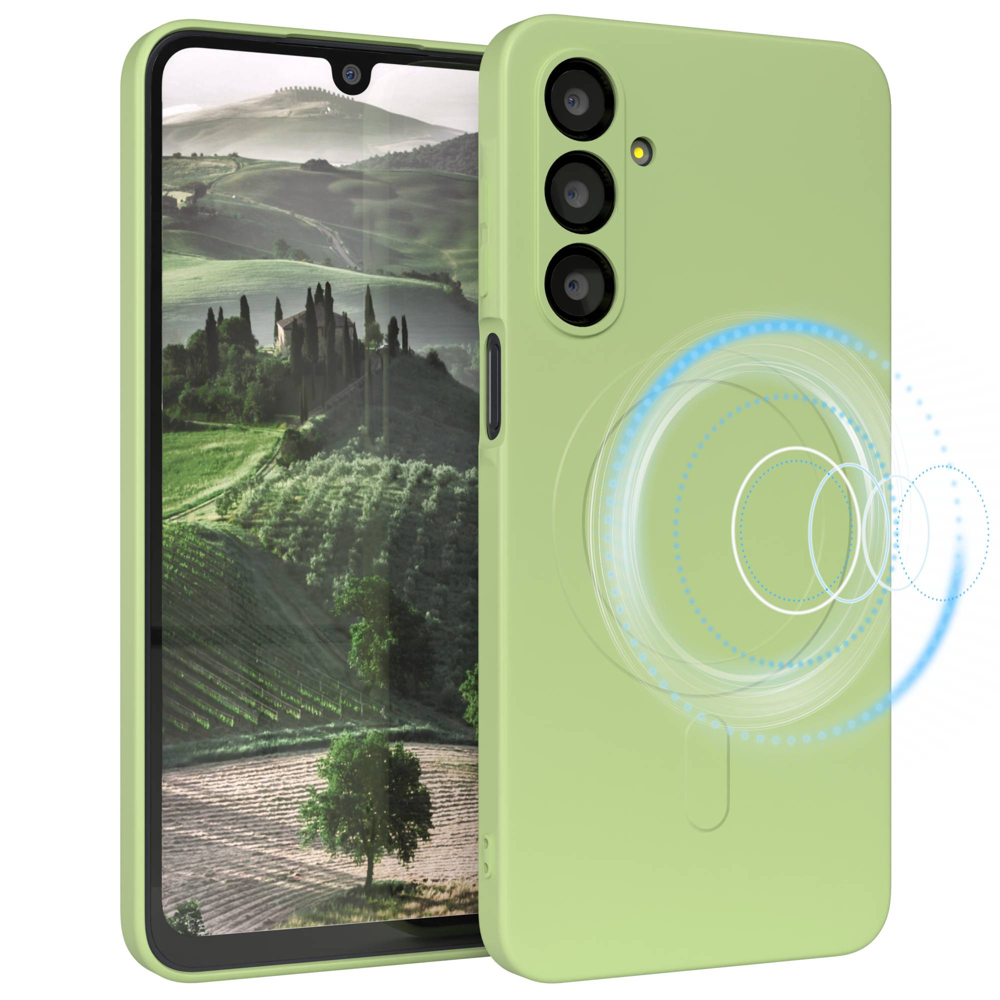 Eine grüne Handyhülle mit einem Telefon, das eine Landschaft anzeigt. Die Hülle hat drei Kameras und ein magnetisches Kreisdesign.