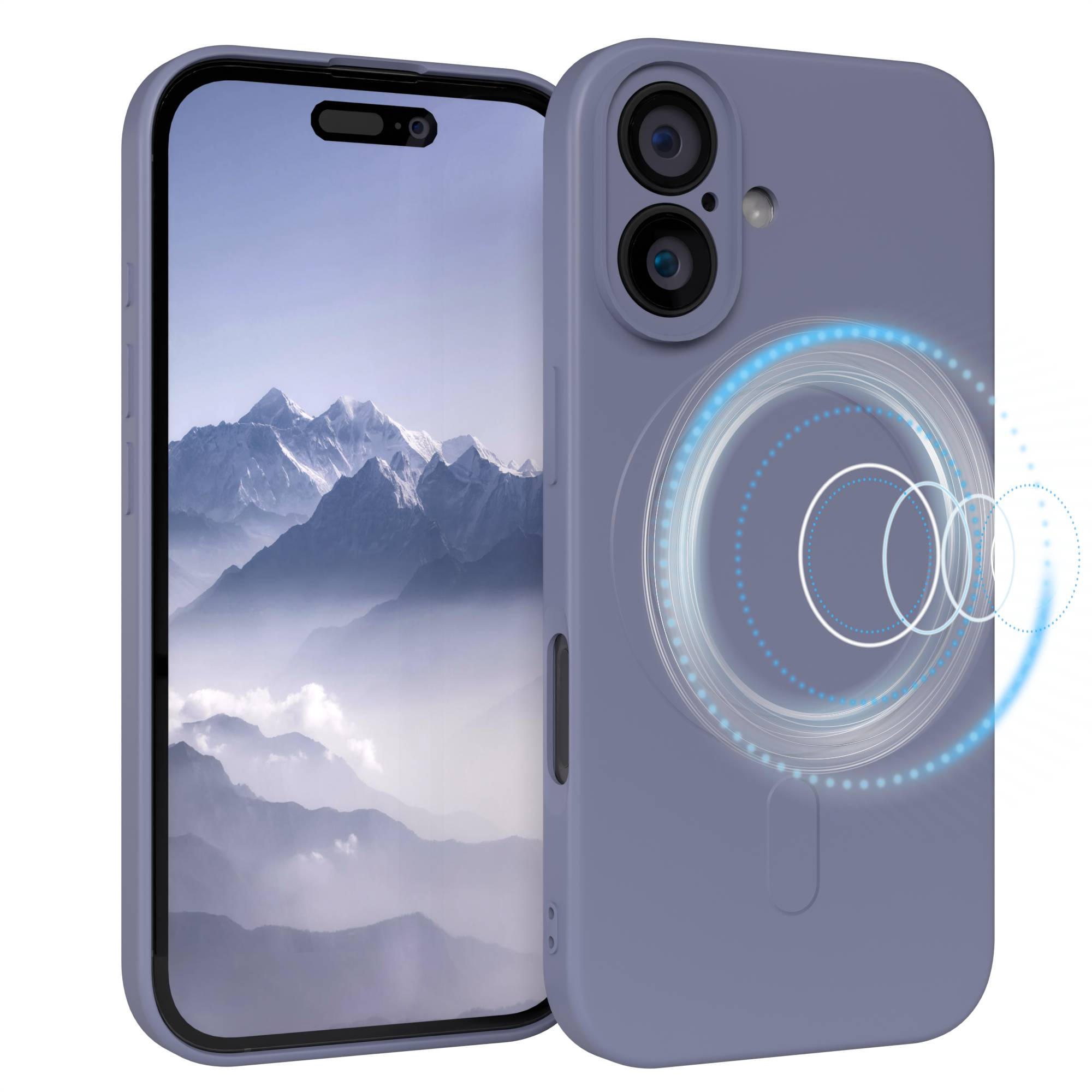 Ein Telefon in einer lila Hülle mit einer Berglandschaft auf dem Bildschirm. Die Hülle hat ein magnetisches Kreisdesign auf der Rückseite.