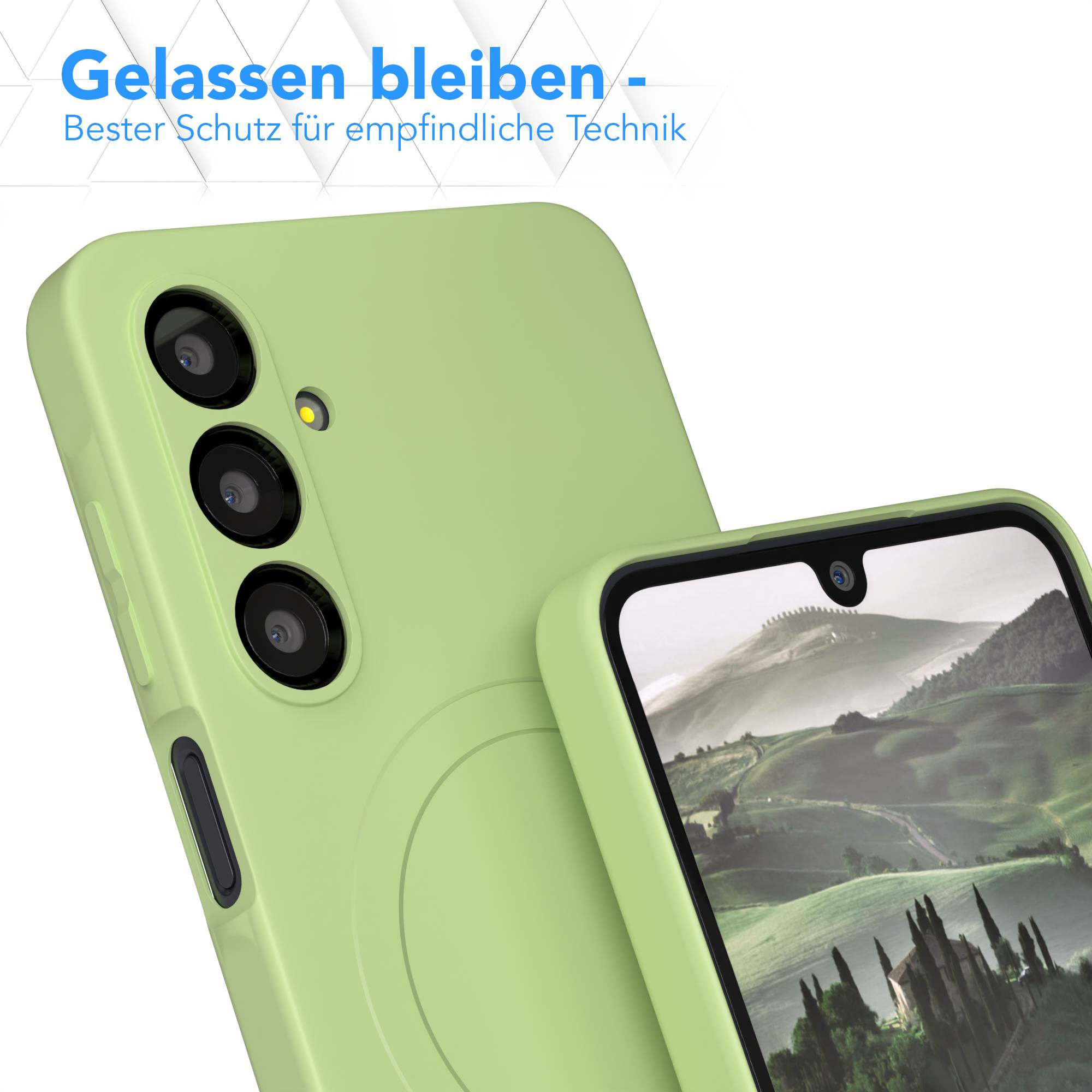 Eine hellgrüne Handyhülle mit dem Telefon darin. Das Gehäuse hat mehrere Kameras und der Bildschirm zeigt eine Landschaft.