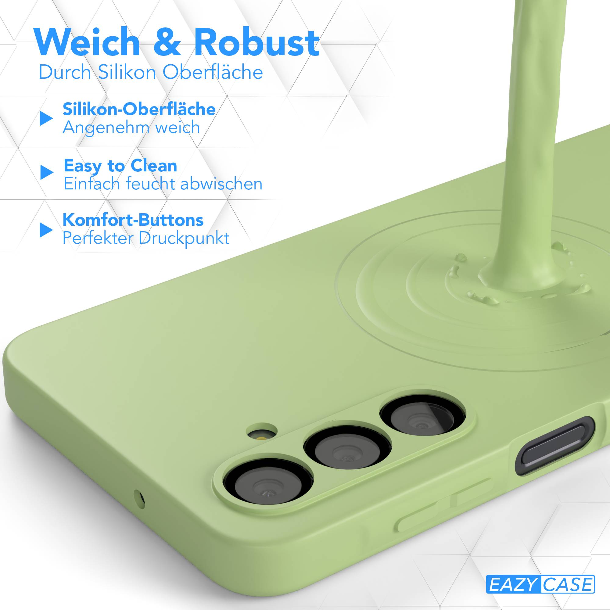 Eine Handyhülle in hellgrüner Farbe, eine grüne Flüssigkeit wird darauf gegossen. Der Text lautet Weich & Robust, Easy to Clean usw.