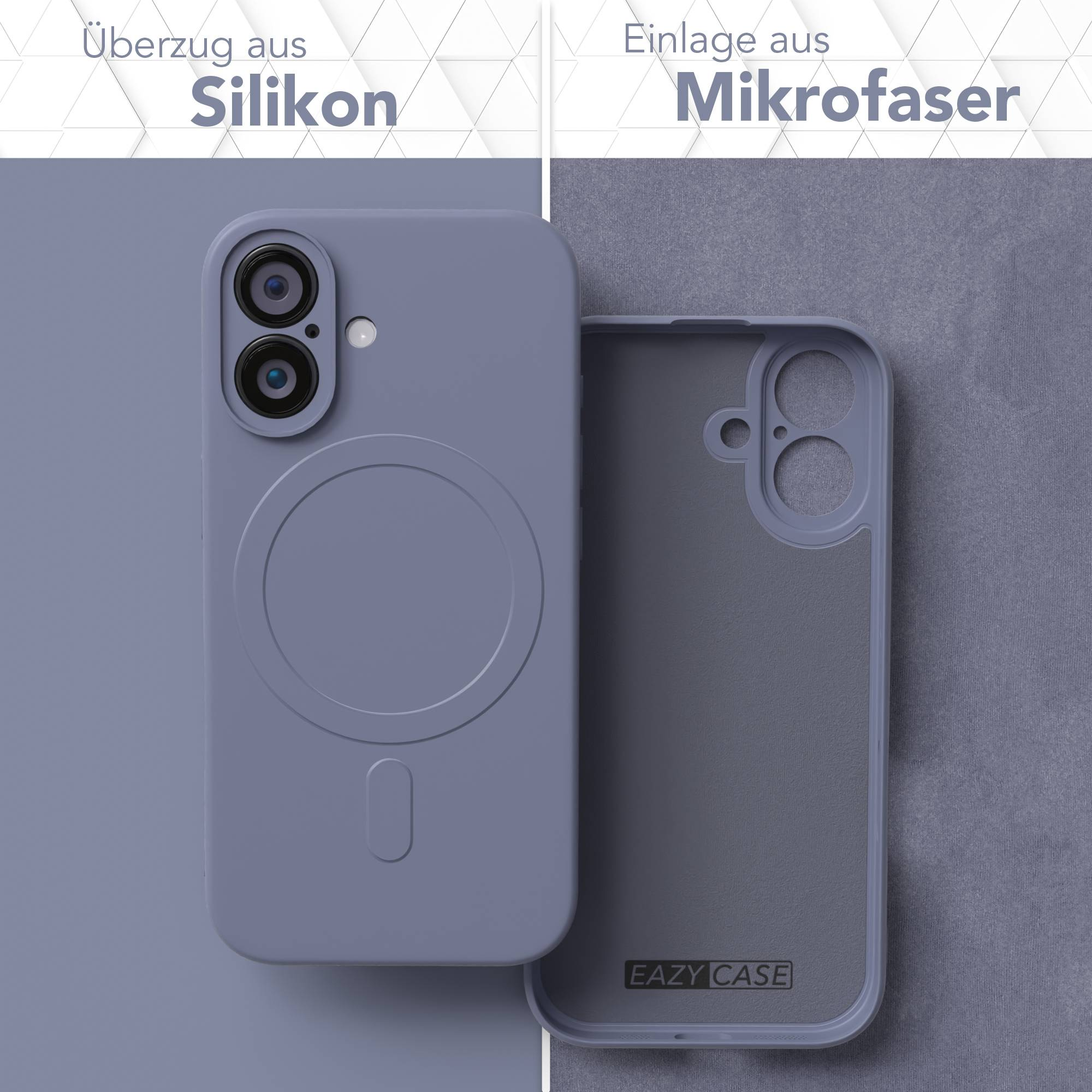 Ein Handy-Case in zwei Hälften. Die Vorderseite ist blau-grau mit den Kameralöchern und einem runden Magneten. Die Innenseite ist grau.