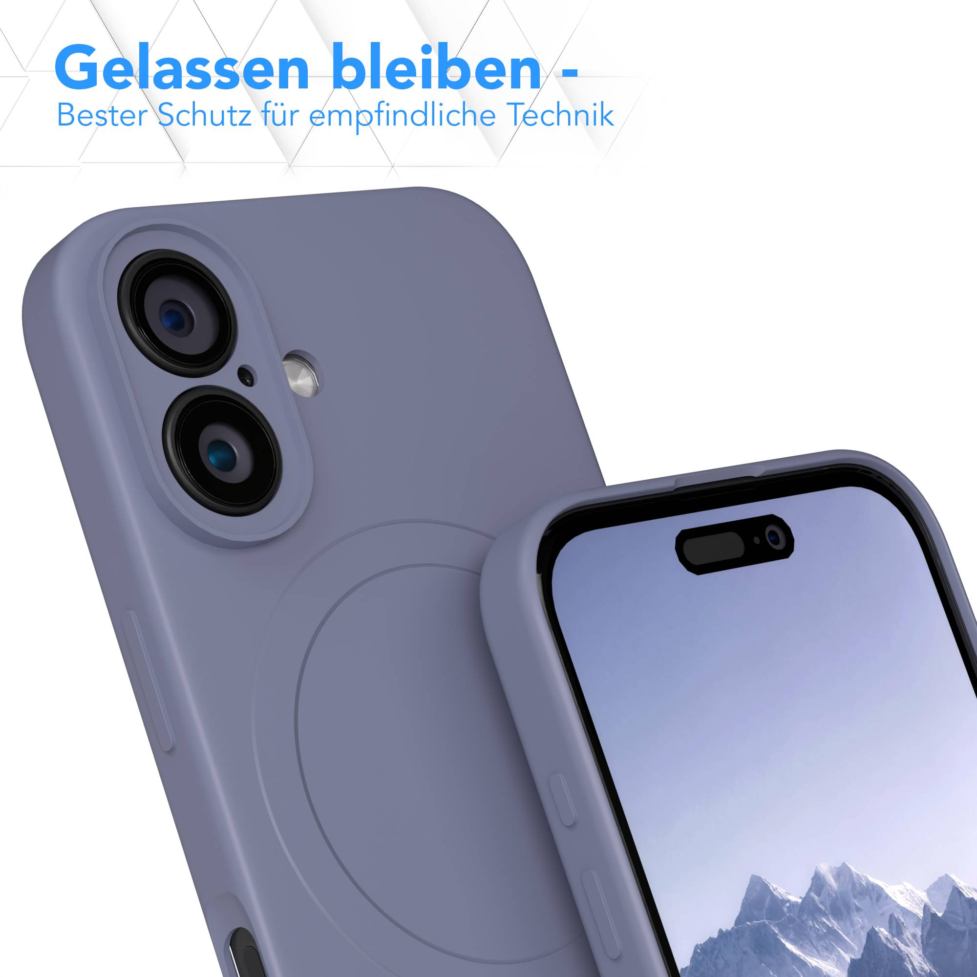 Eine lavendelfarbene Handyhülle, die ein Telefon bedeckt. Das Telefon hat einen Bildschirm und eine Kamera. Der Text oben lautet 'Bleib ruhig'.
