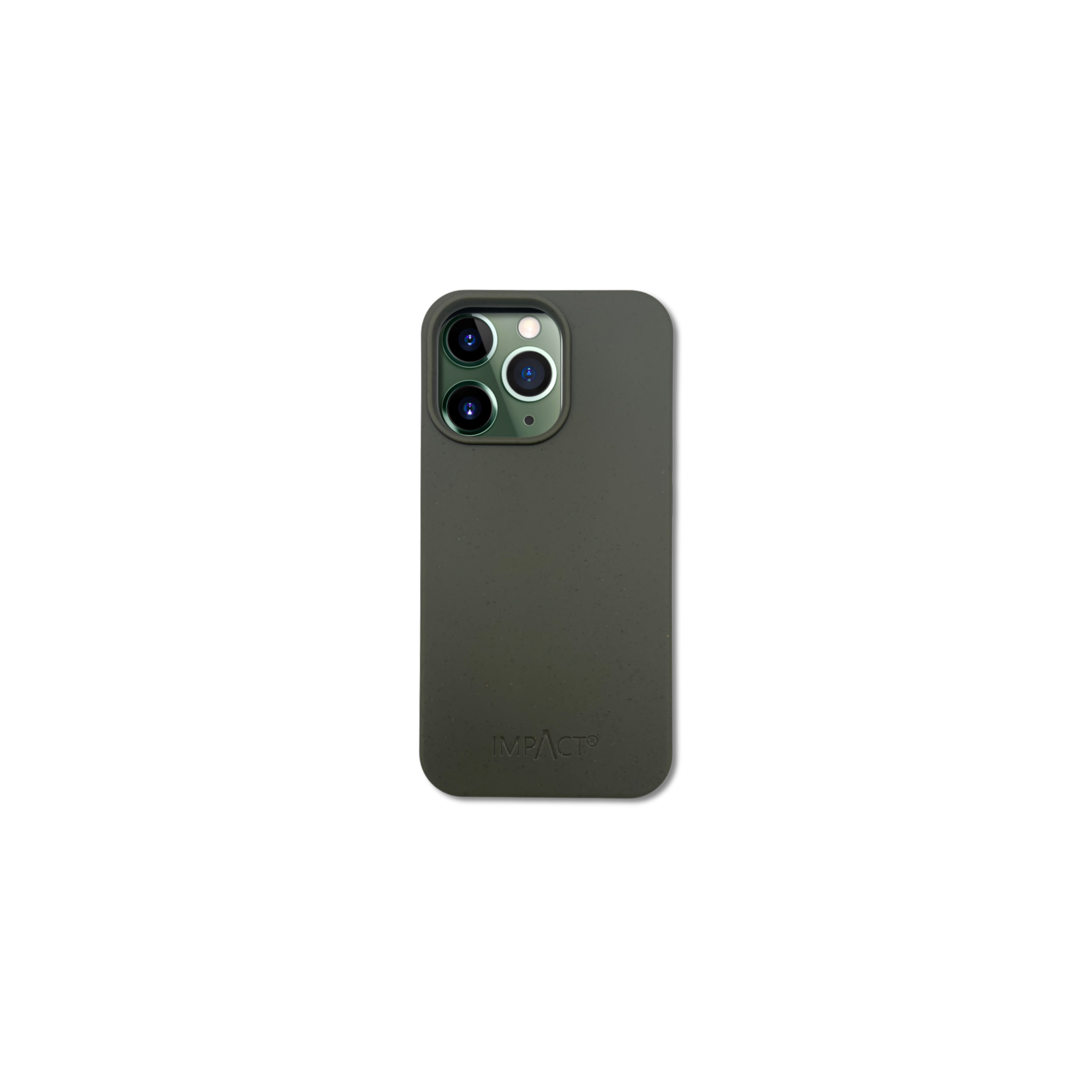 Una custodia per telefono verde oliva è mostrata su sfondo bianco. Ha tre lenti per fotocamera e il marchio IMPACT.