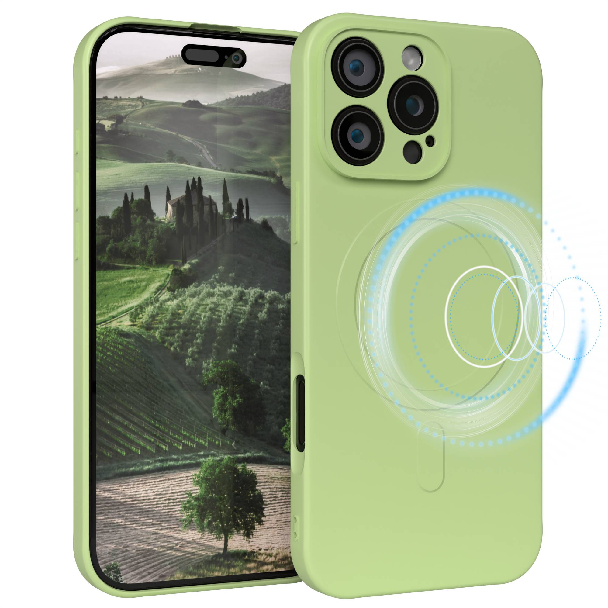 Grüne Handyhülle mit Telefon, das eine Landschaft zeigt. Die Hülle hat Kameralinsen und einen Magnetkreis.