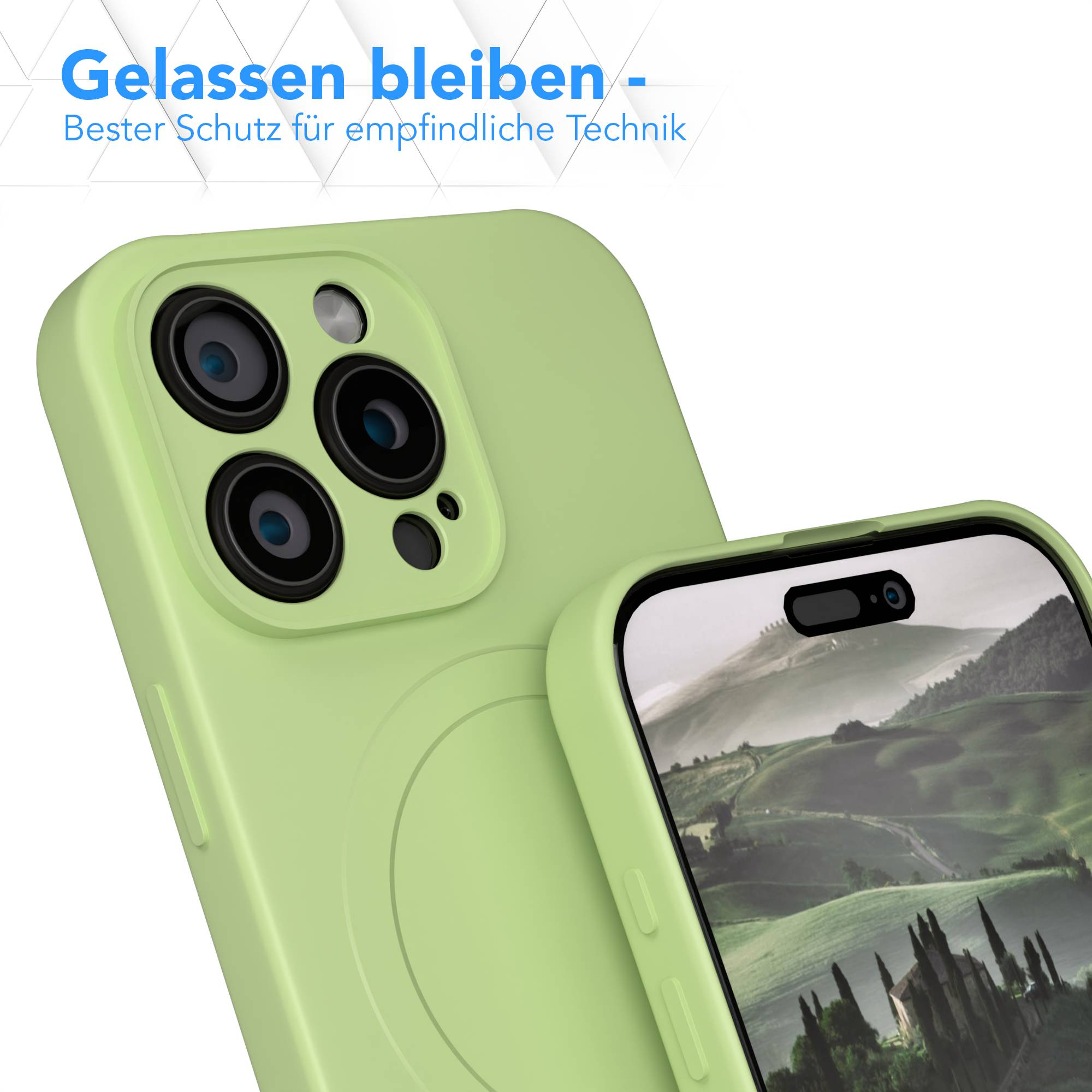 Eine hellgrüne Handyhülle schützt ein Telefon. Der Bildschirm zeigt eine Landschaft. Der Text lautet 'Gelassen bleiben - Bester Schutz'.