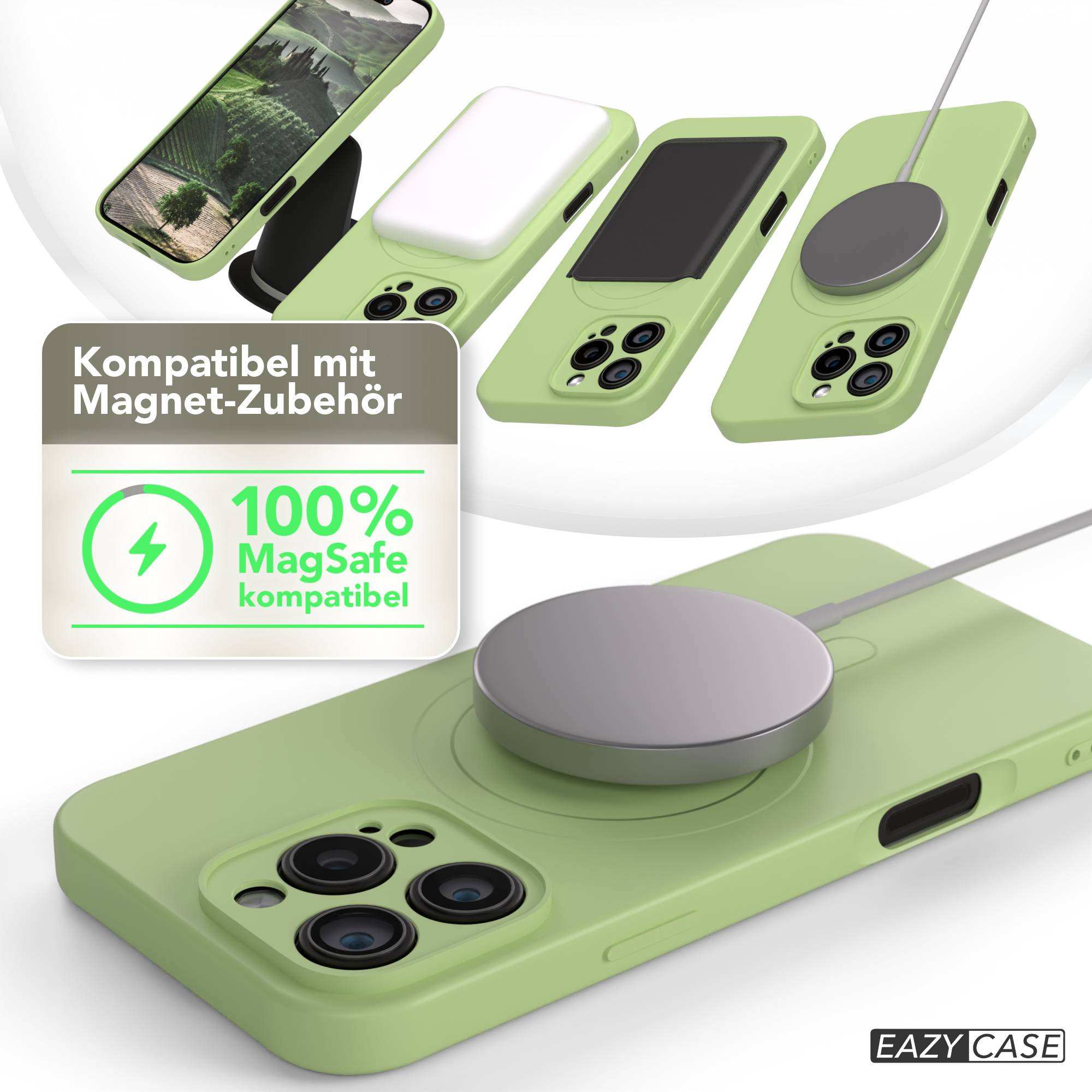 Grüne Handyhüllen mit MagSafe-Ladegeräten. Eine Grafik besagt '100% MagSafe-kompatibel'. Beinhaltet ein Telefon, das eine Landschaft anzeigt.