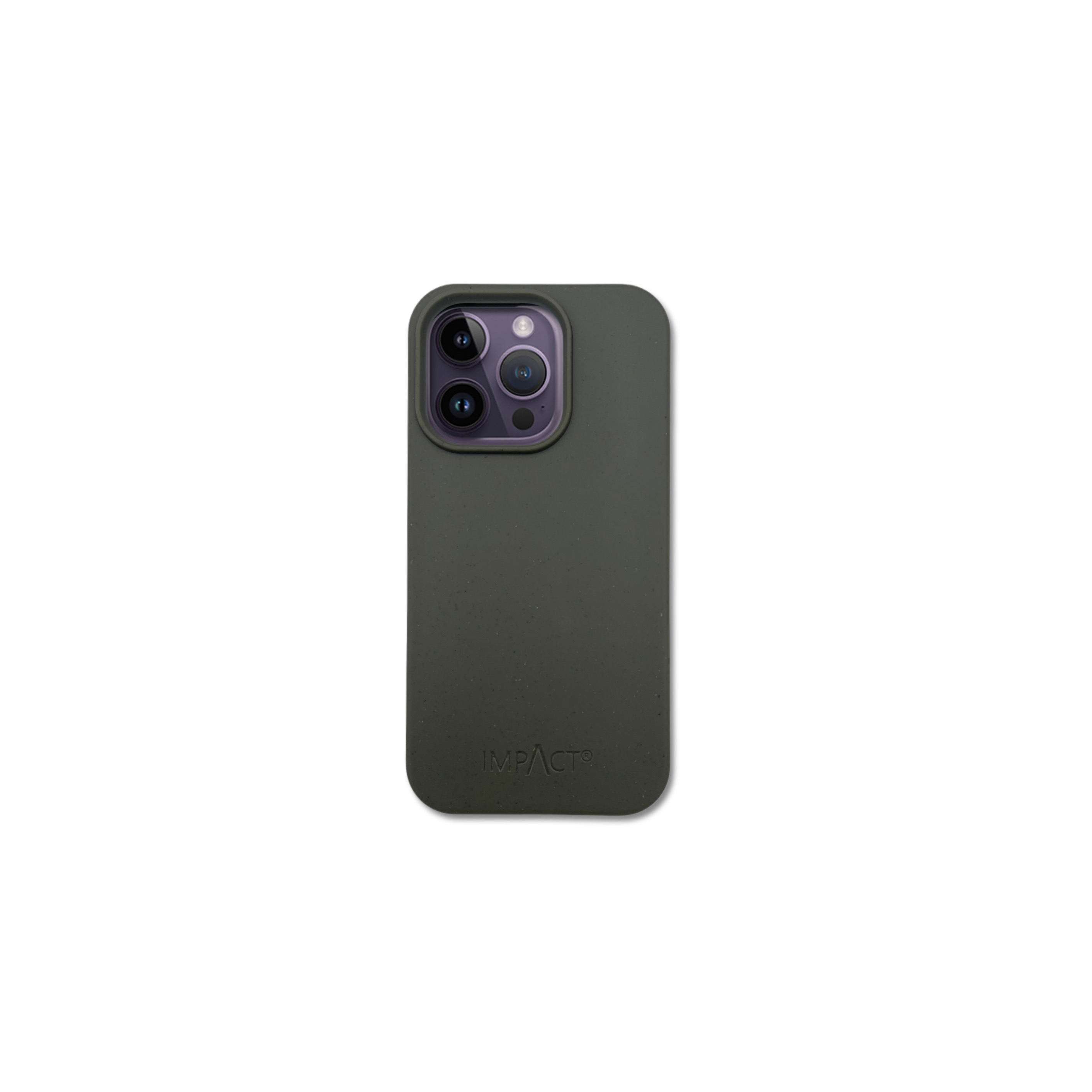 Una custodia per telefono verde oliva con ritagli per la fotocamera, la parola IMPACT è stampata in basso. Sfondo bianco.