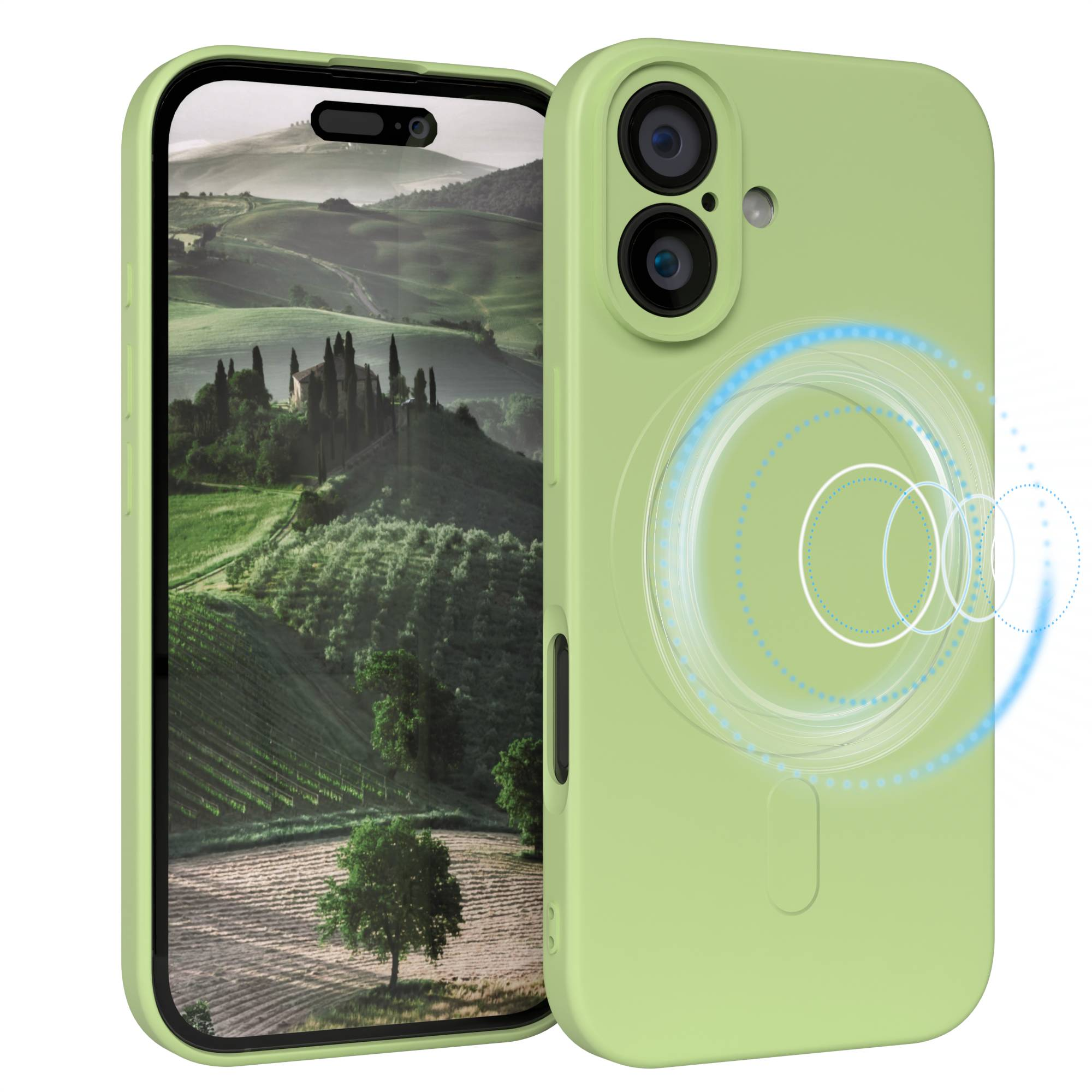 Ein Telefon mit grüner Hülle, das eine Landschaft auf dem Bildschirm zeigt. Die Hülle hat eine Kamerawölbung. Der Hintergrund ist weiß.