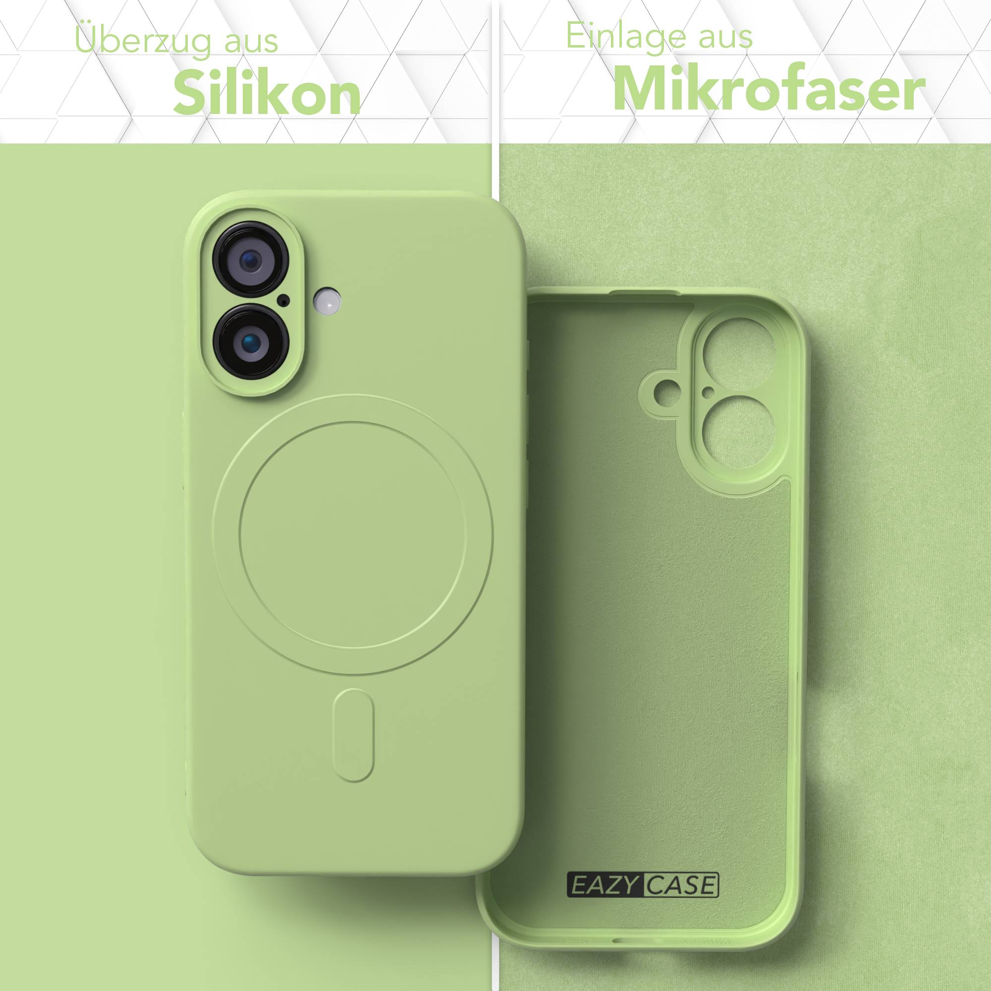 Eine hellgrüne Handyhülle, die geöffnet ist, um die Innenseite zu zeigen. Die Hülle besteht aus Silikon und Mikrofaser.
