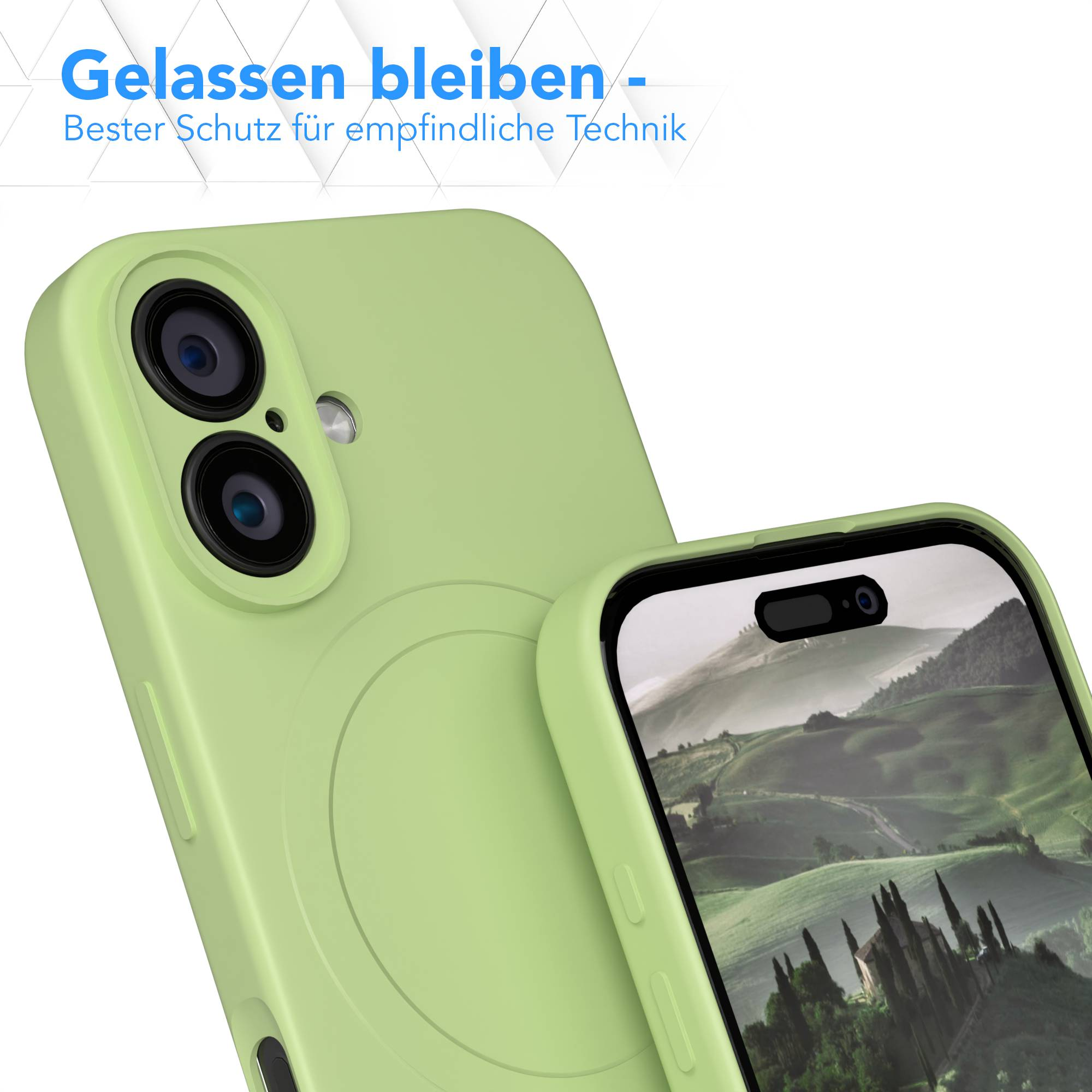 Zwei grüne Handyhüllen, eine über der anderen. Die obere zeigt Kameralinsen. Die untere zeigt eine Landschaft.