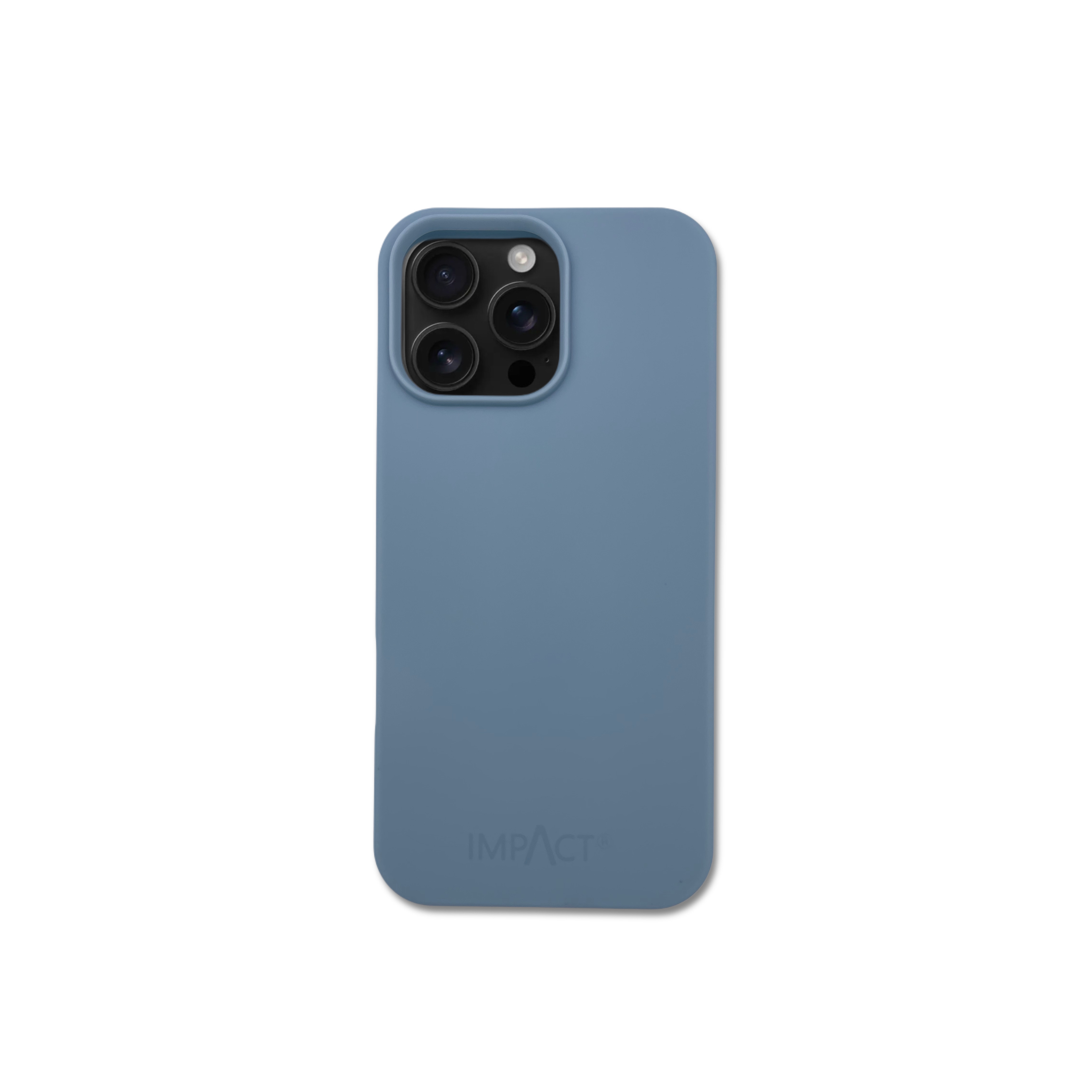 Una custodia blu per telefono con una sezione fotocamera e la parola IMPACT in basso. Ha uno sfondo bianco.