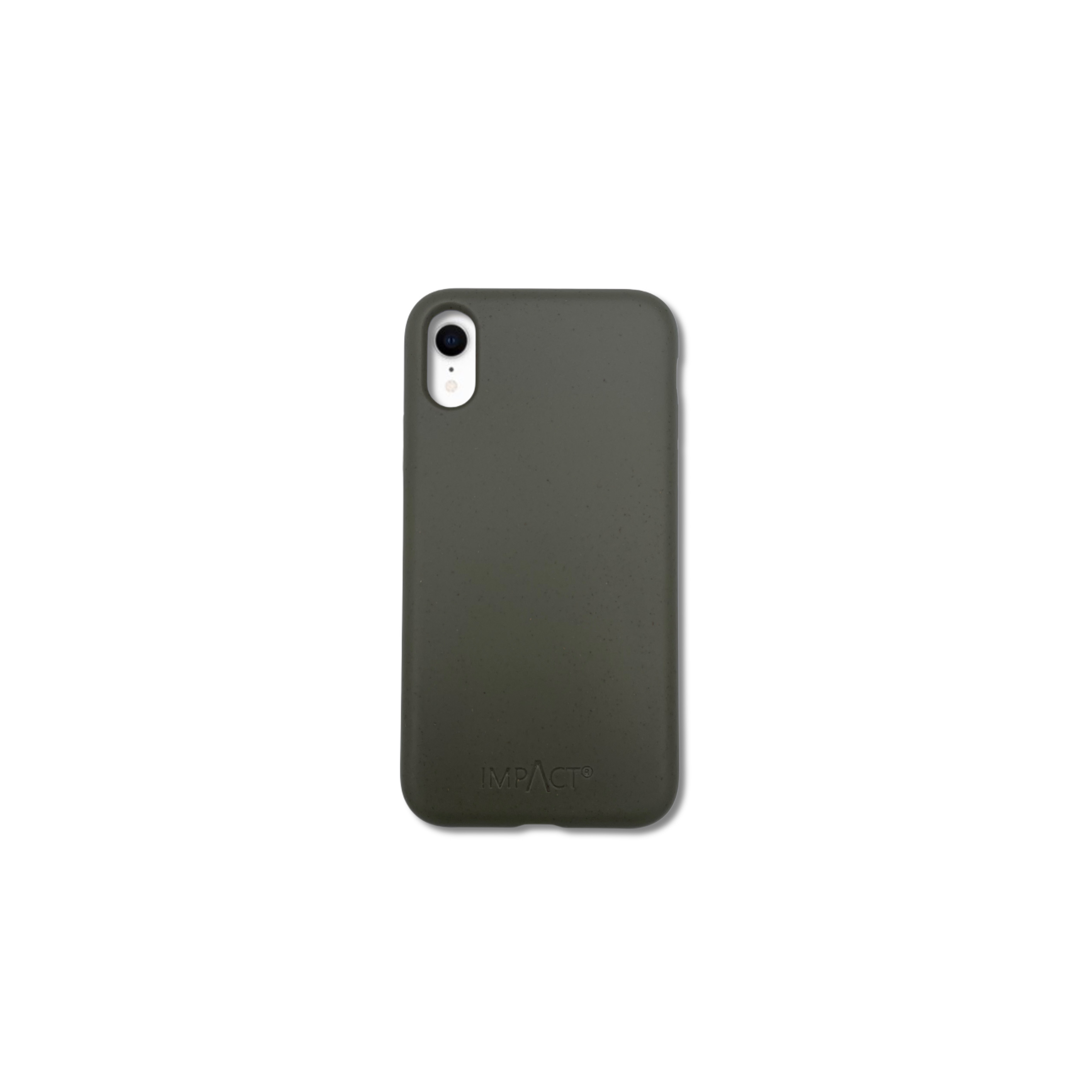 Una custodia per telefono verde oliva con un ritaglio per la fotocamera è centrata su uno sfondo bianco. Il marchio IMPACT è in basso.