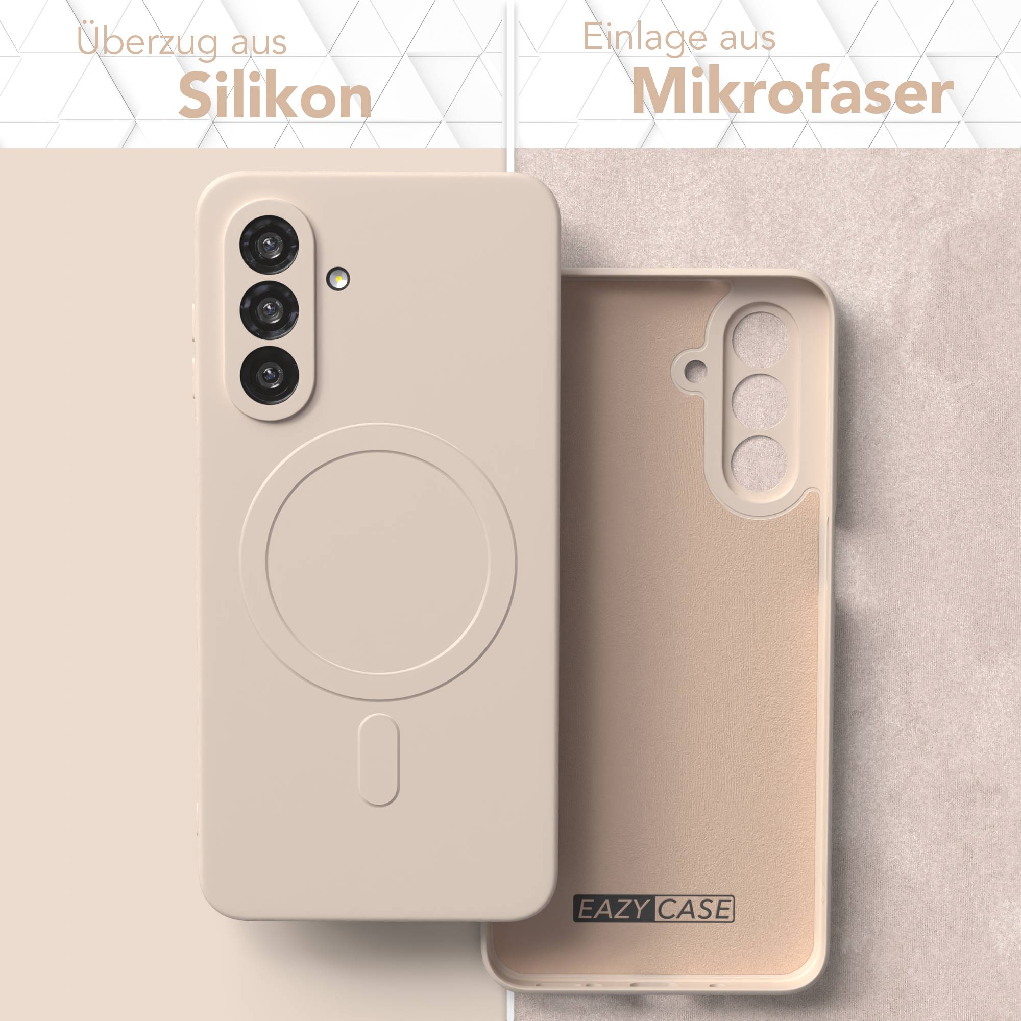 Beige Handyhülle, Silikon außen, Mikrofaser innen. Hülle hat drei Kameras, einen Ladekreis und den Markennamen Eazy Case.