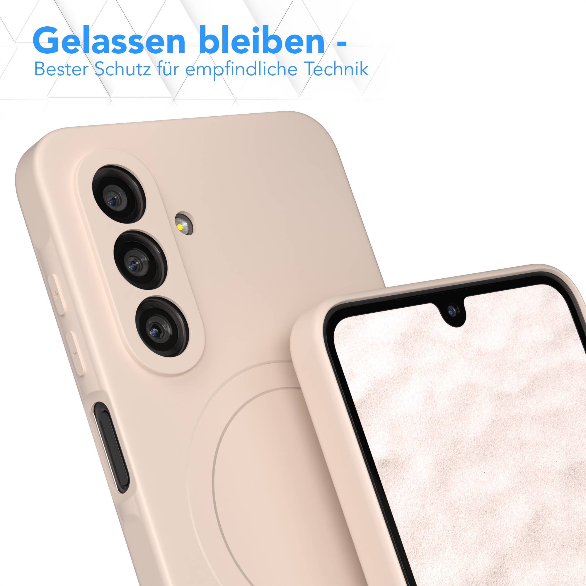 Ein Smartphone in einer hellbraunen Hülle mit drei Kameralinsen. Der Bildschirm ist sichtbar und zeigt eine sandige Textur.