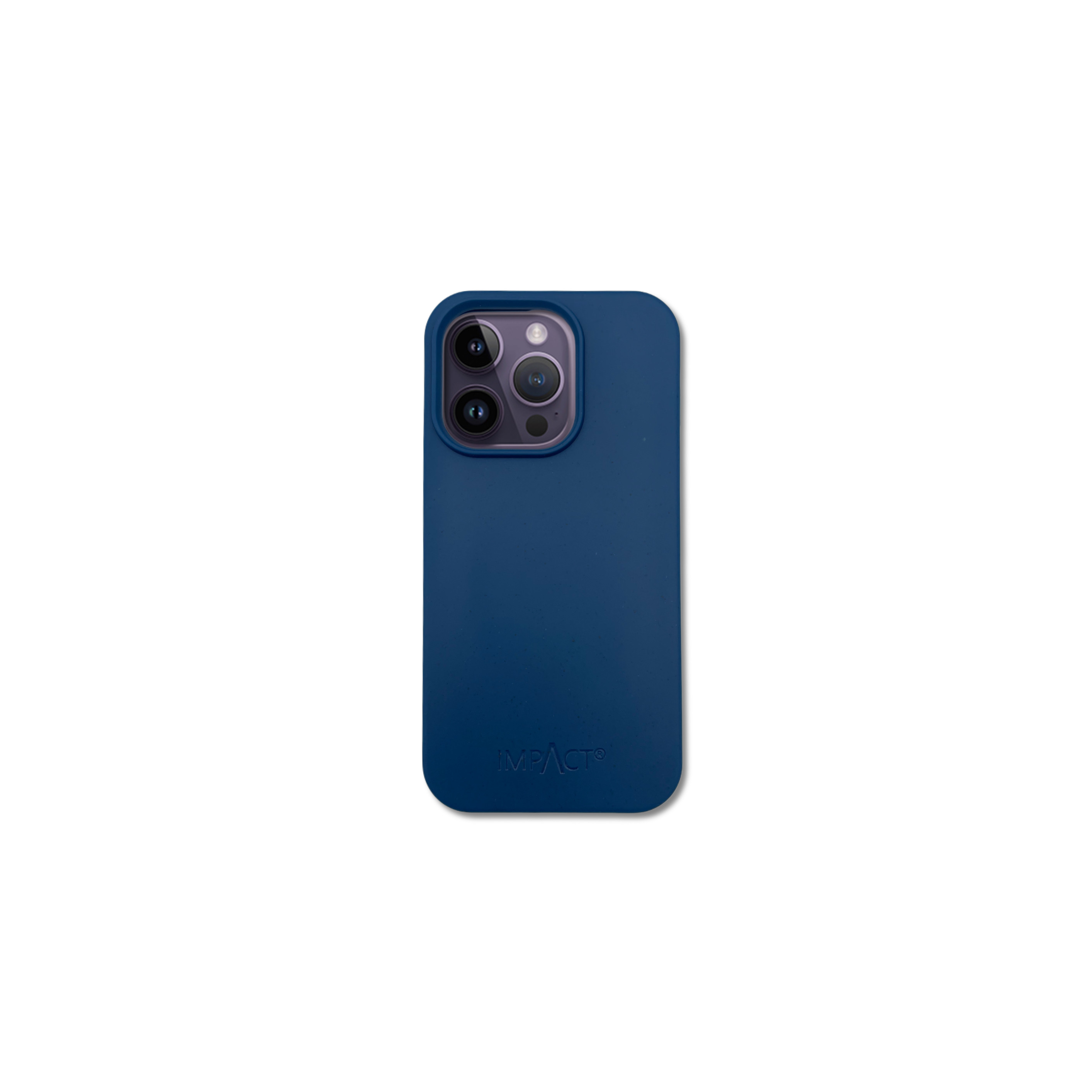 Una custodia blu navy con ritaglio per la fotocamera e la scritta IMPACT in basso, su sfondo bianco.