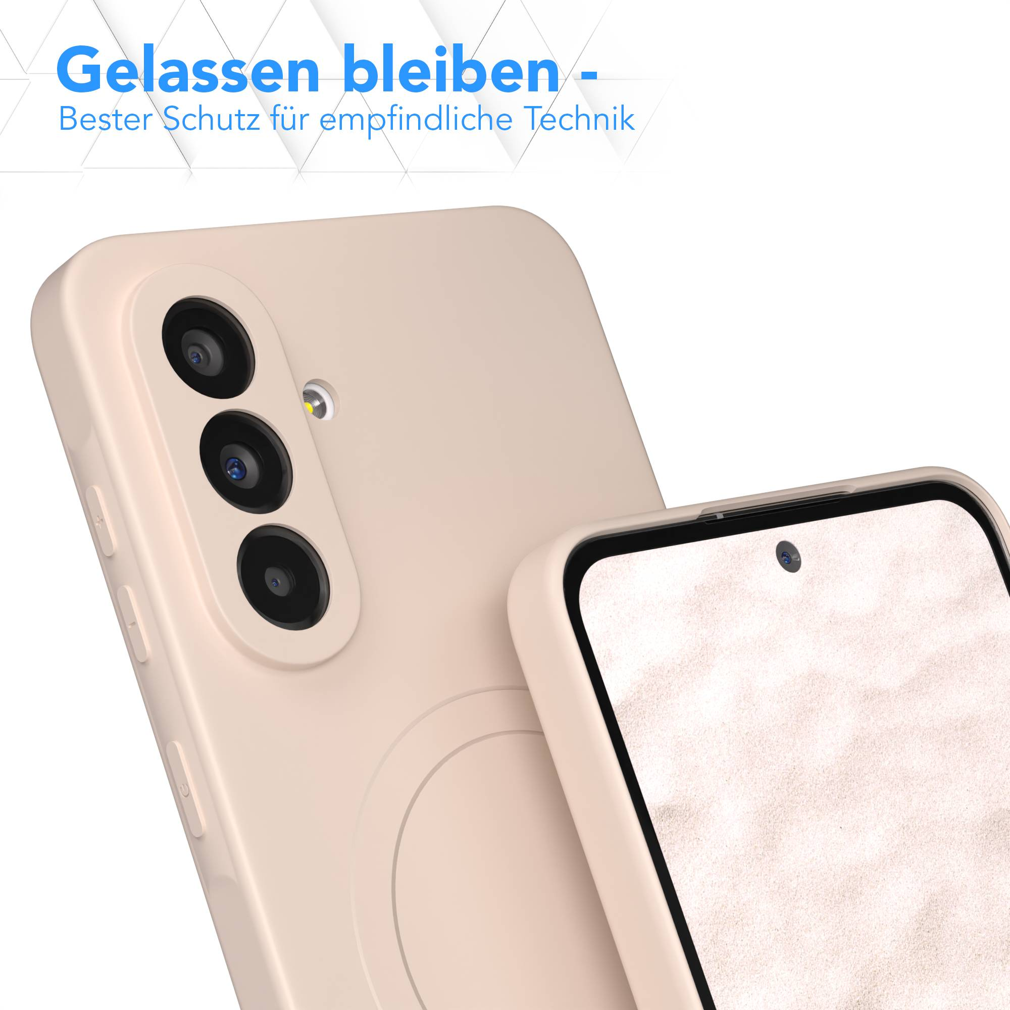 Ein Telefon in einer Schutzhülle wird angezeigt. Die Hülle und das Telefon sind hellrosa. Die Kameralinsen sind sichtbar.