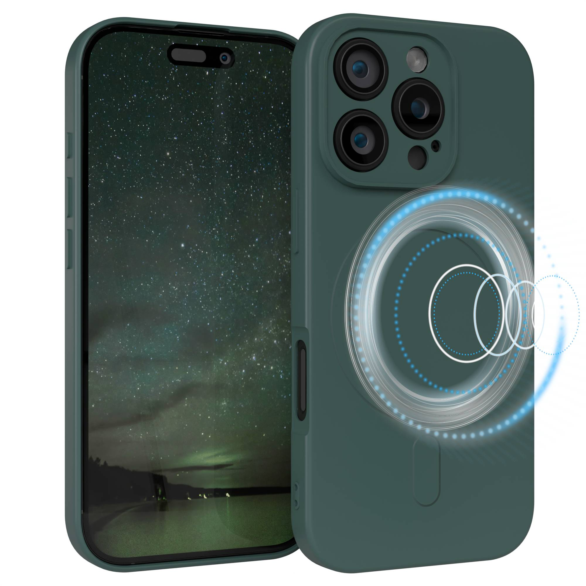 Grüne Handyhülle mit einem Handy, das einen Nachthimmel zeigt. Die Hülle hat ein leuchtendes kreisförmiges Design und ein Kameramodul.
