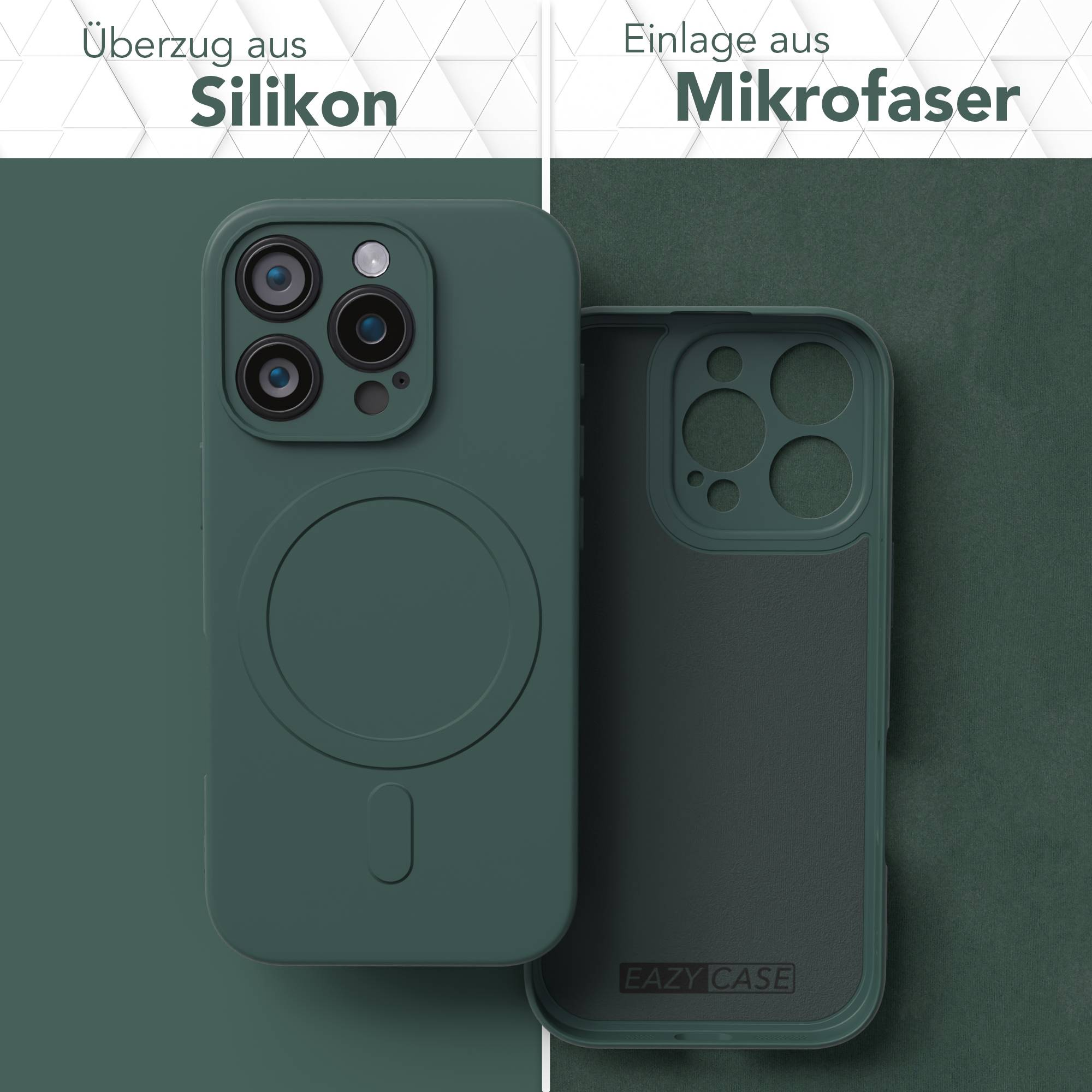 Grüne Handyhülle aus Silikon, mit Mikrofaser-Innenseite. Text weist auf Silikon- und Mikrofaser-Materialien hin.