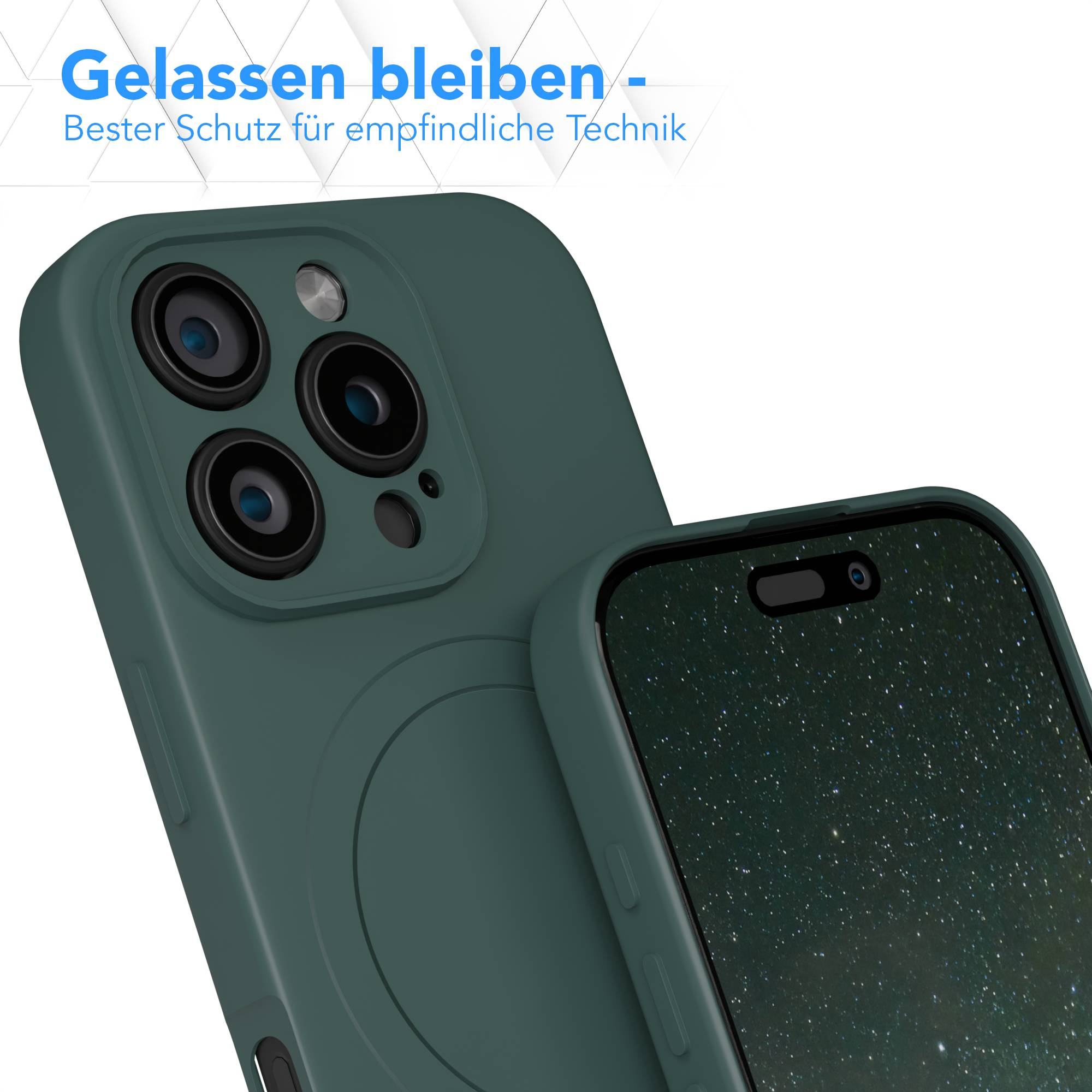Nahaufnahme einer grünen Handyhülle mit einem Handy, die Hülle hat Kameraausschnitte. Der Bildschirm zeigt Sternenhimmel.