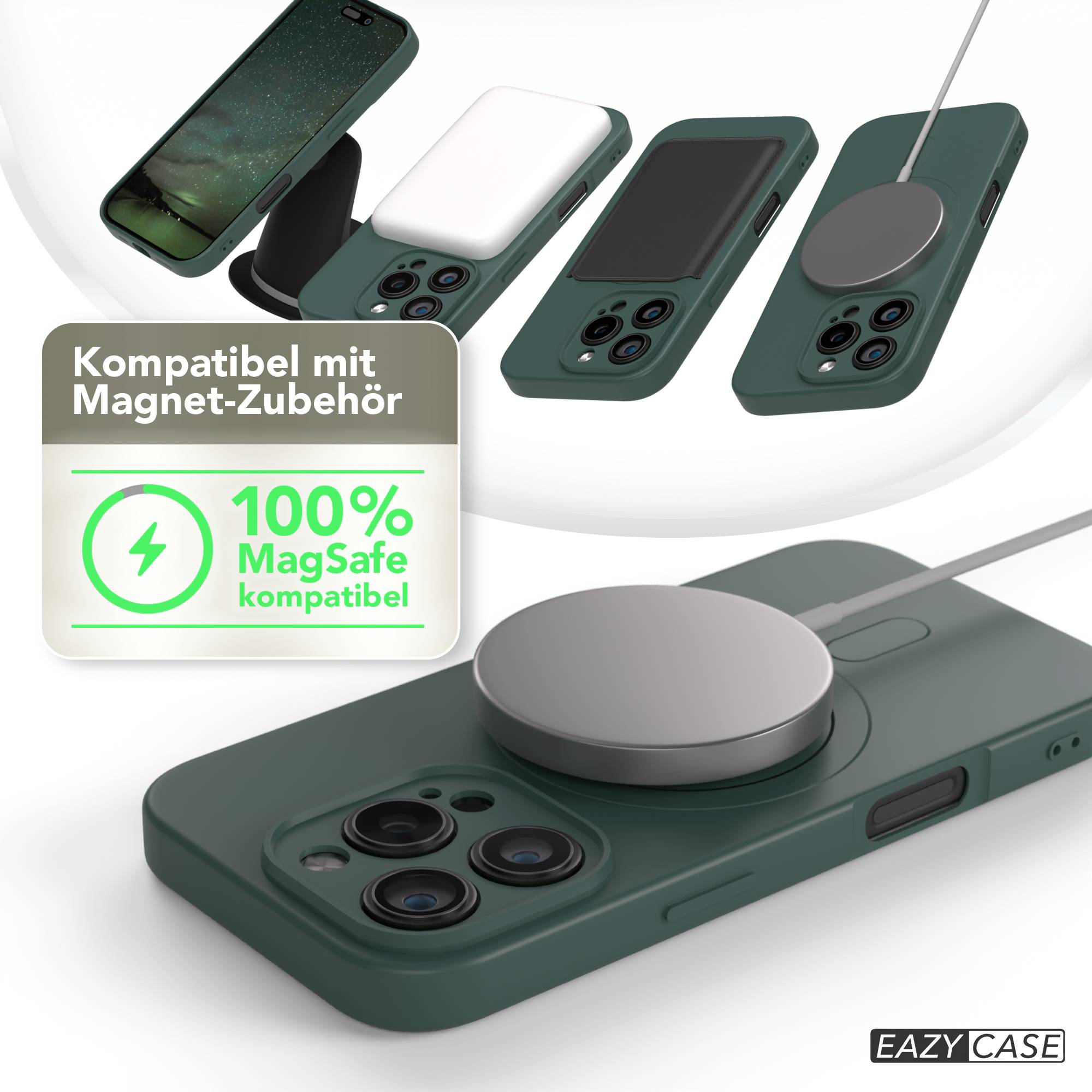Grüne Handyhüllen mit MagSafe-Zubehör. Enthält ein Ladegerät und ein Kompatibilitätsabzeichen.