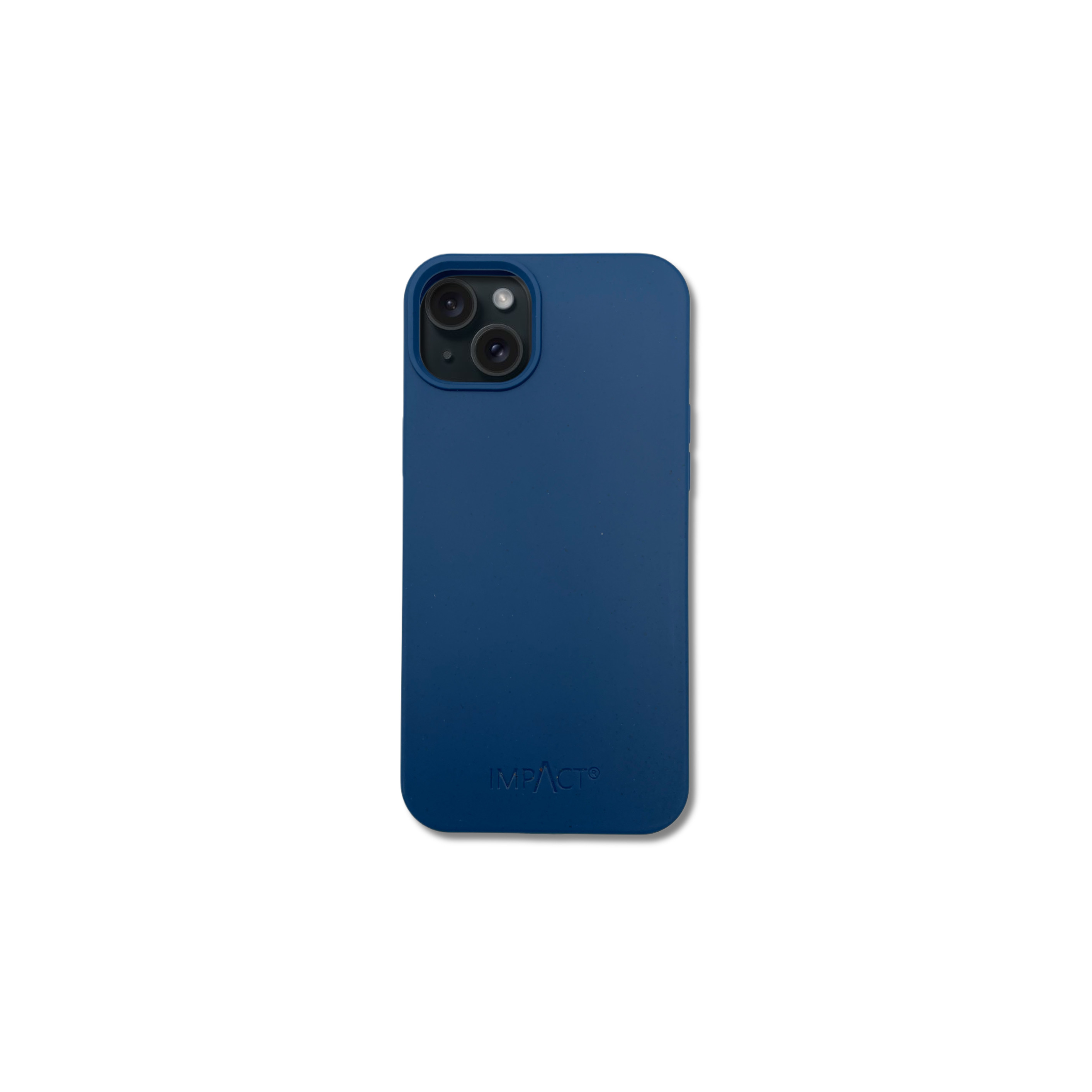 Una custodia blu navy su sfondo bianco. La custodia ha ritagli per la fotocamera e il marchio IMPACT è visibile.