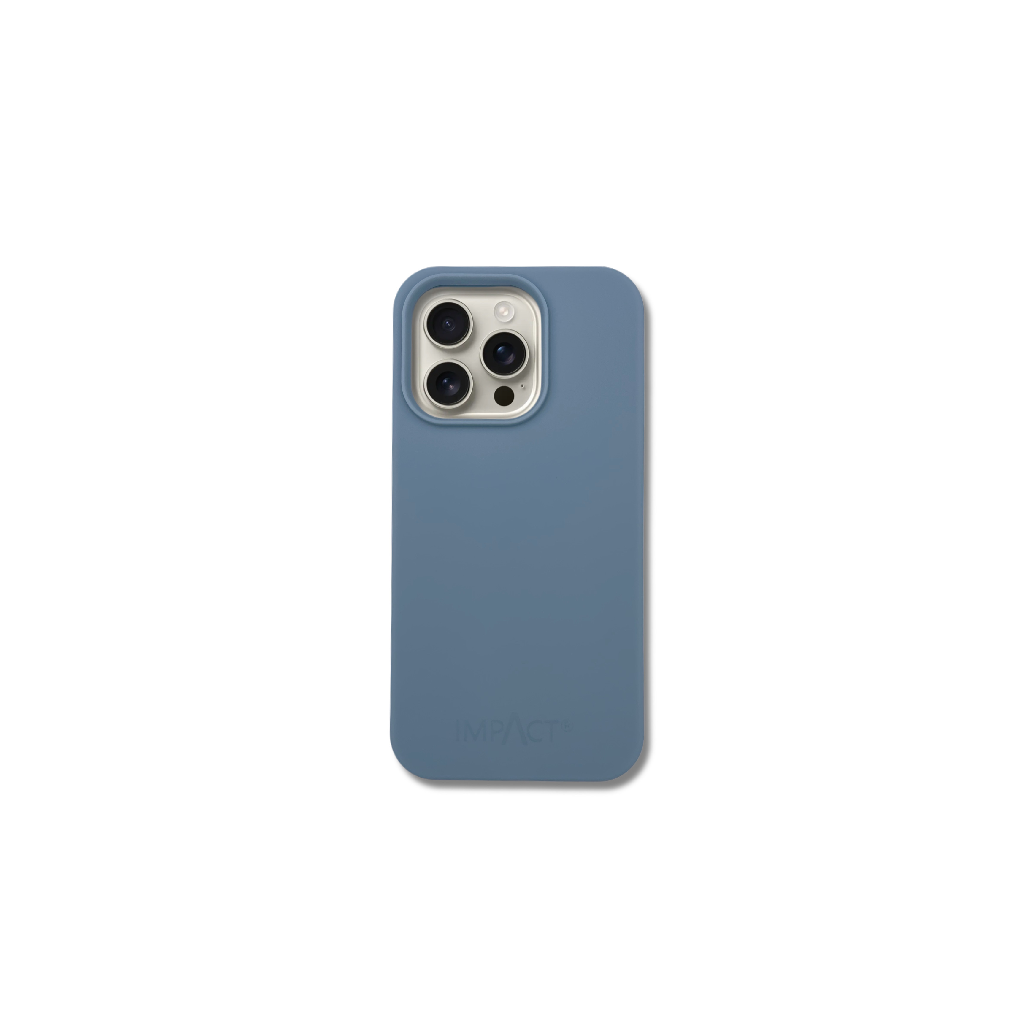 Una custodia blu per telefono con modulo fotocamera è mostrata su sfondo bianco. La custodia ha angoli arrotondati e la parola IMPACT.