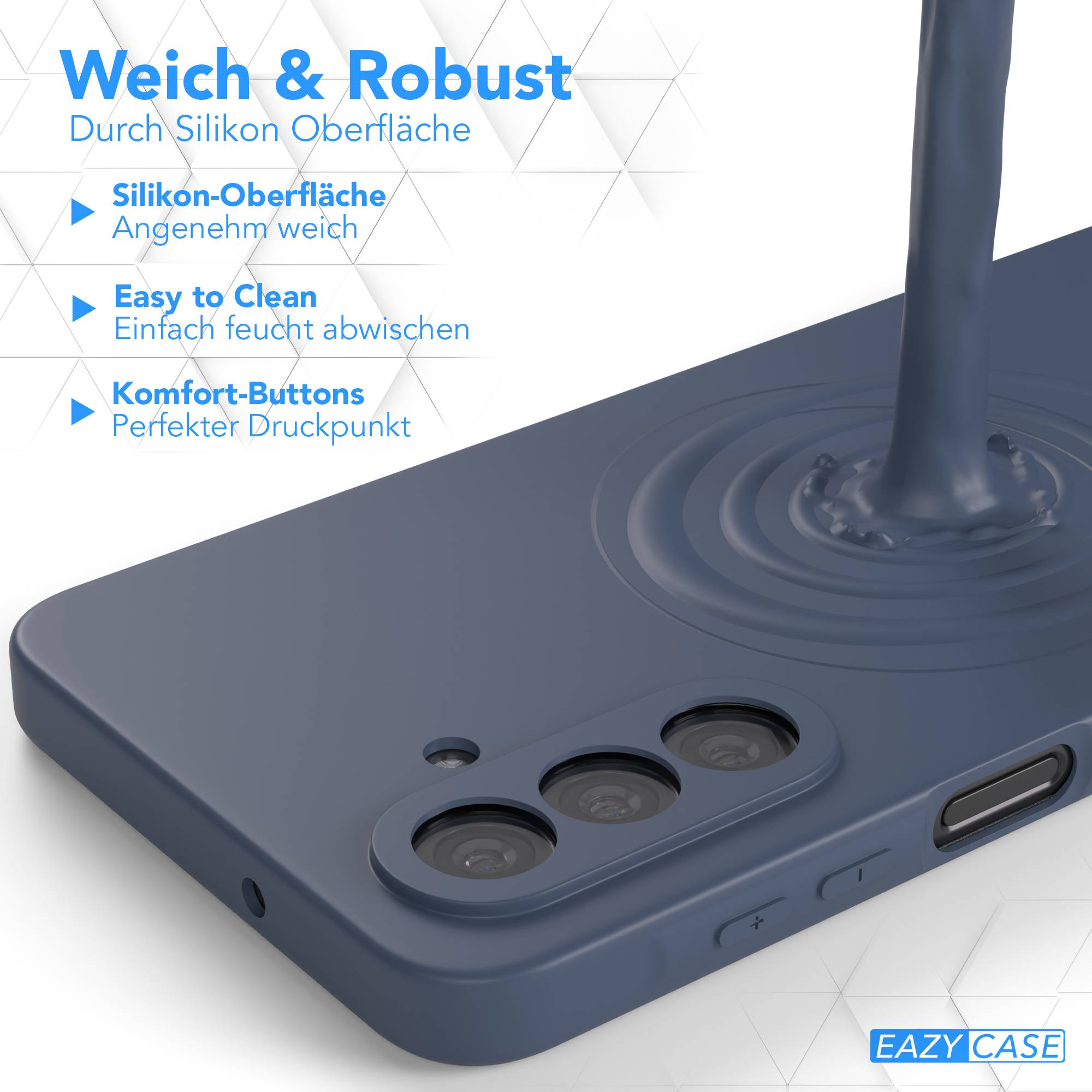 Eine blaue Handyhülle mit Flüssigkeitseffekt und Text: Weich & Robust. Sie hat drei Kameras.