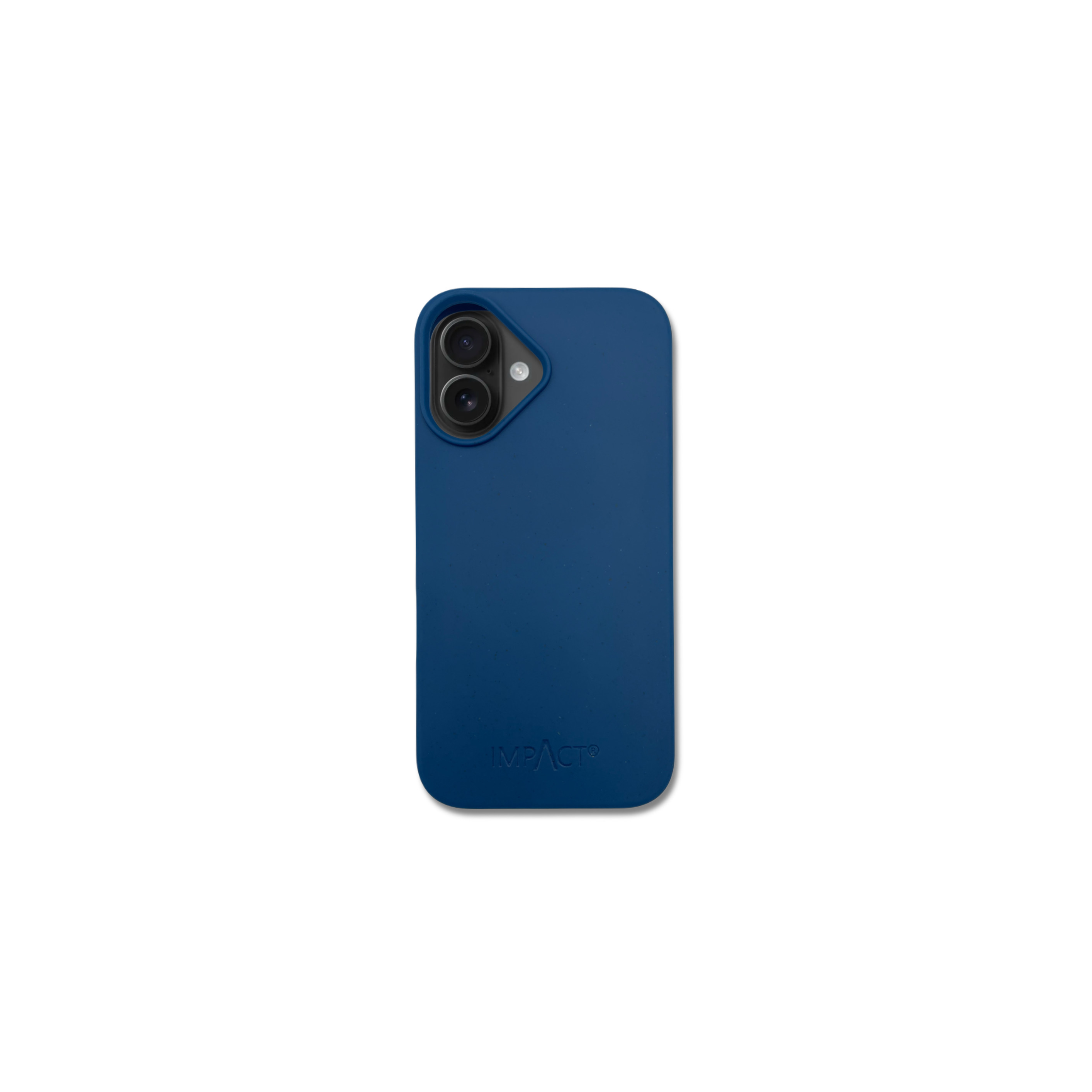 Una custodia blu per telefono con due obiettivi e un flash su sfondo bianco. Visibile il marchio IMPACT.