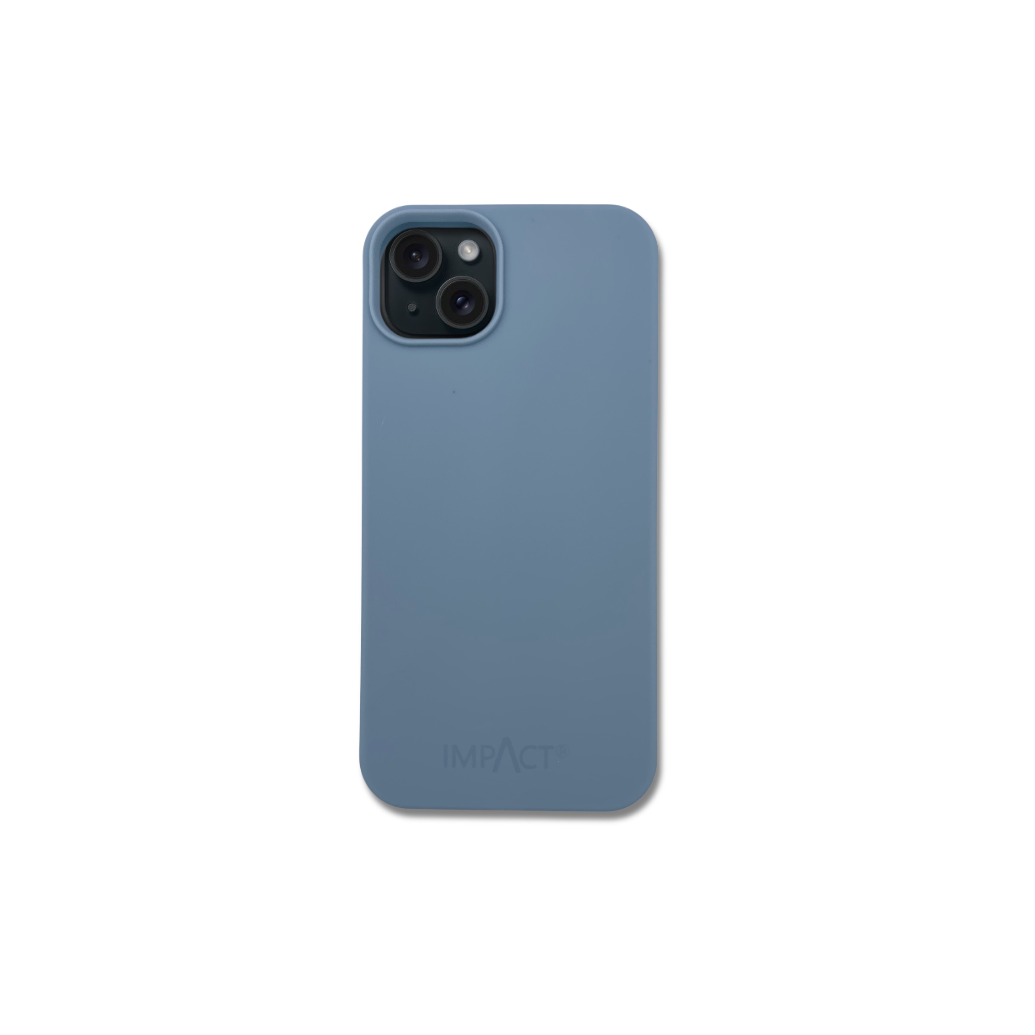 Una custodia per telefono azzurra, con ritagli per la fotocamera in alto a sinistra e la scritta IMPACT in basso.