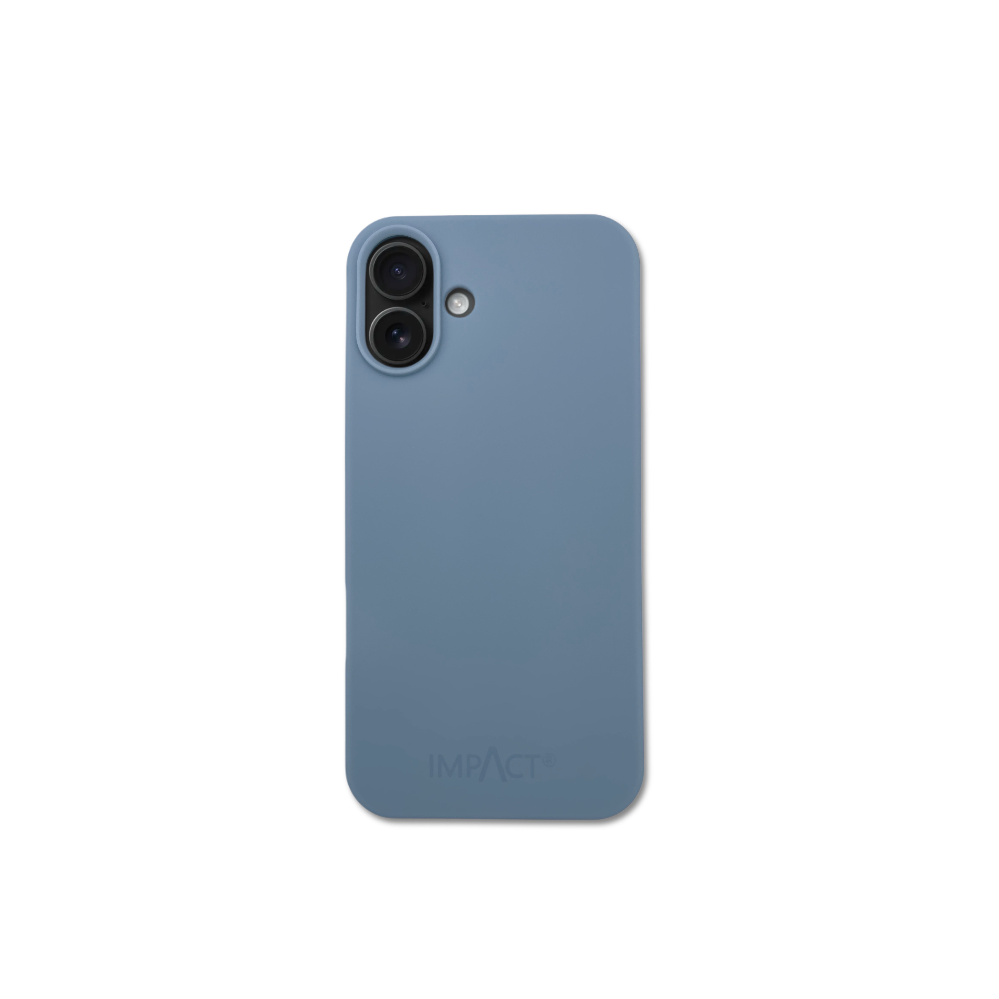 Una custodia blu per telefono con area fotocamera. Il marchio 'IMPACT' è stampato in basso. Sfondo bianco.