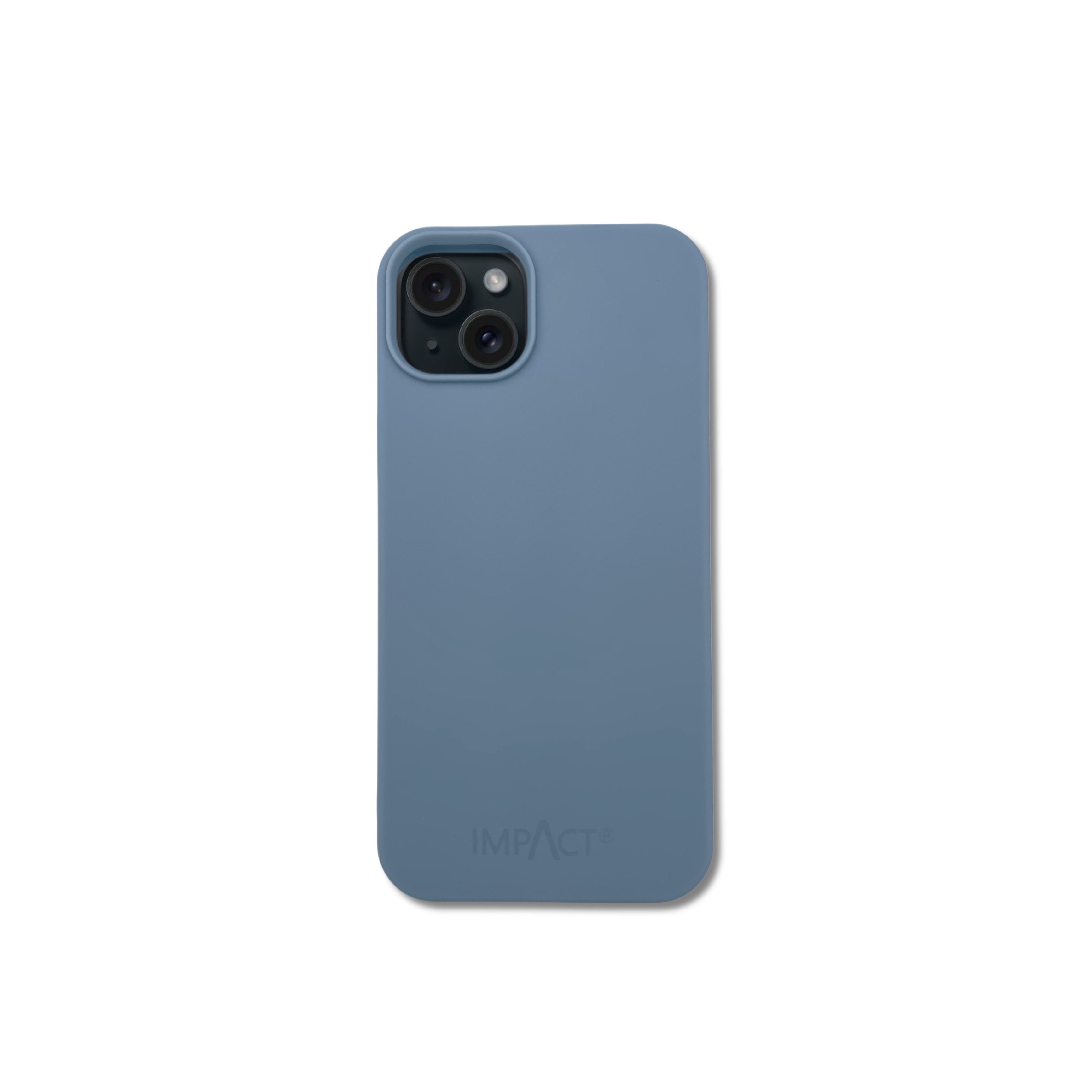 Una custodia blu per telefono con due lenti della fotocamera su sfondo bianco, il marchio IMPACT è visibile in basso.