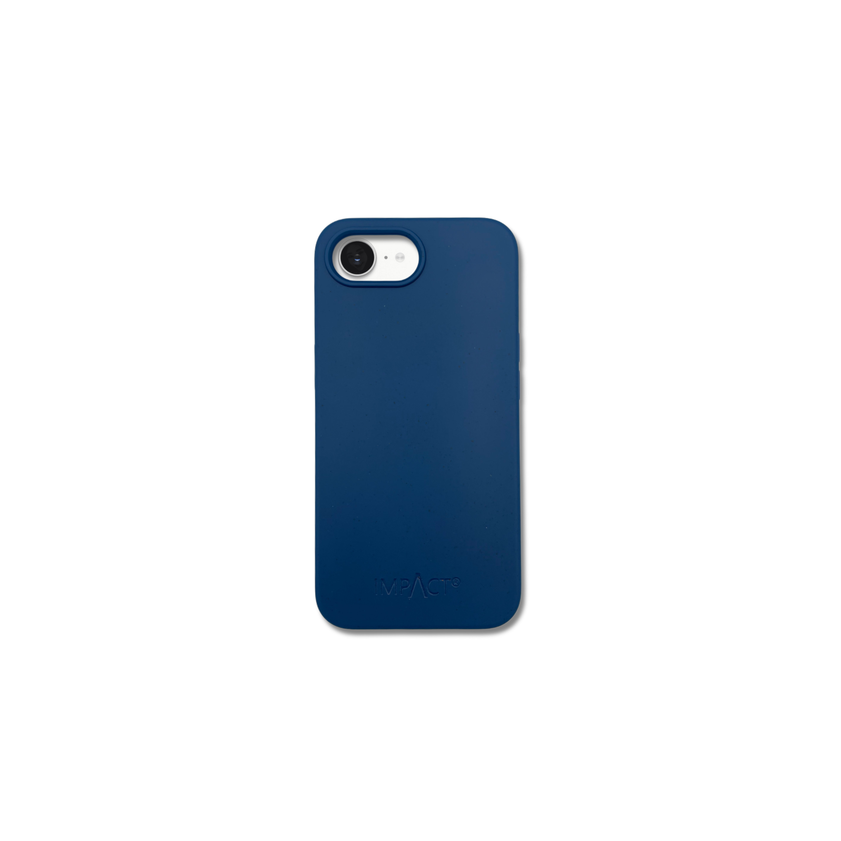 Una custodia blu navy con un ritaglio per la fotocamera su sfondo bianco. Il nome del marchio è visibile in basso.